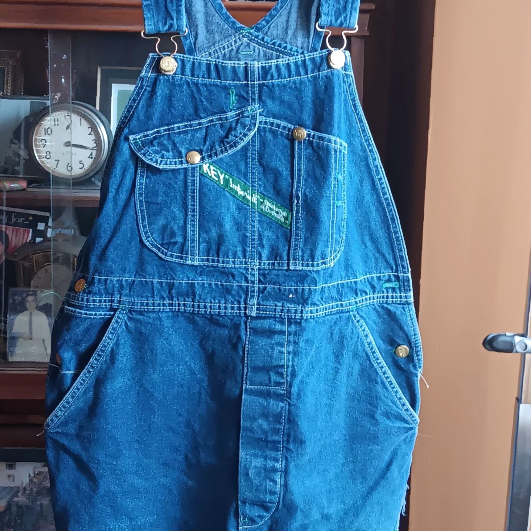 VINTAGE Key Denim Overalls 38x30 Jeans Work Mens 5-Pocket Blue Cotton USA Repaired Patch Stitches 1980s