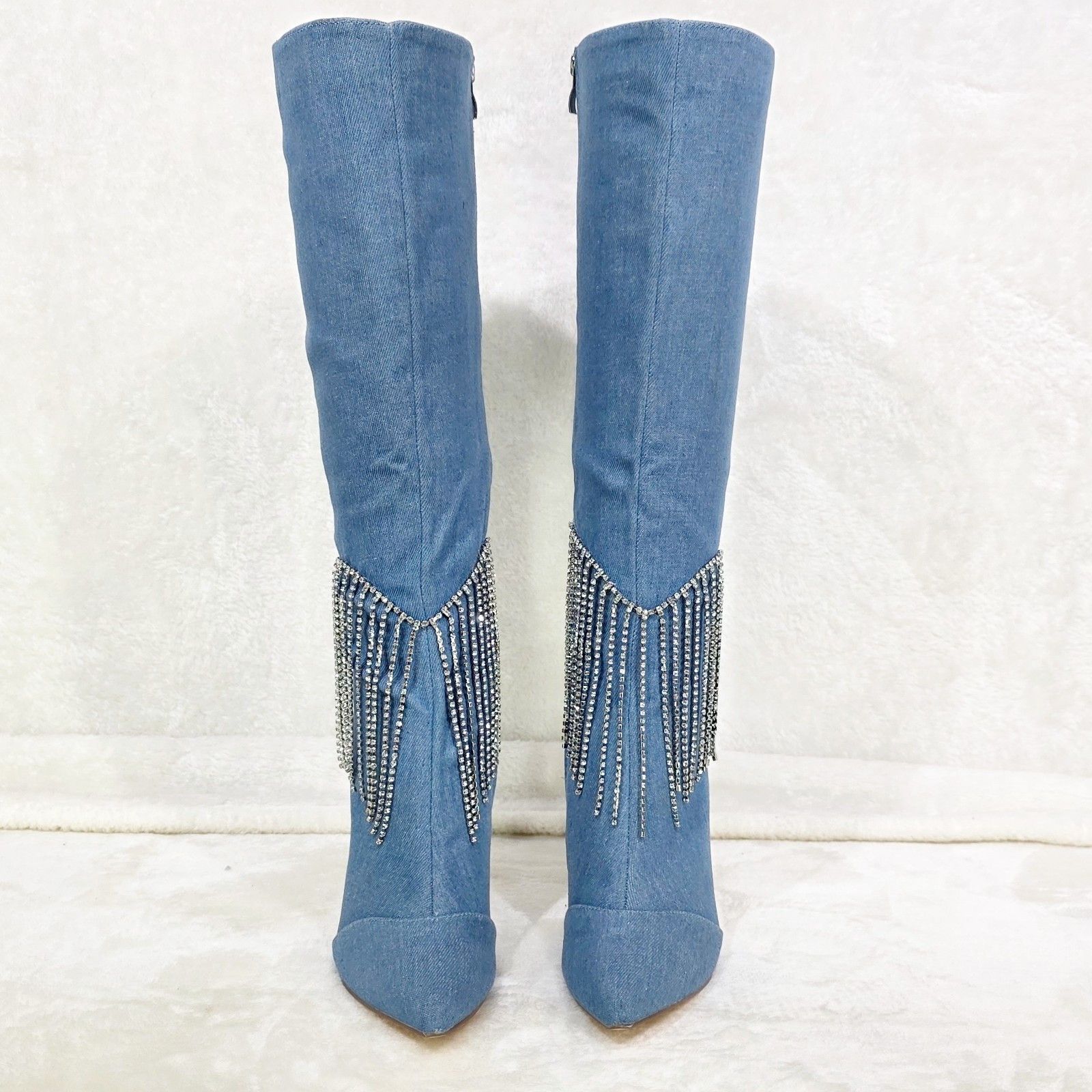 Other Sway Denim Knee High Boots Stiletto Heels Icicle Fringe (US Size US 7.5 / IT 37.5 - 6 Thumbnail