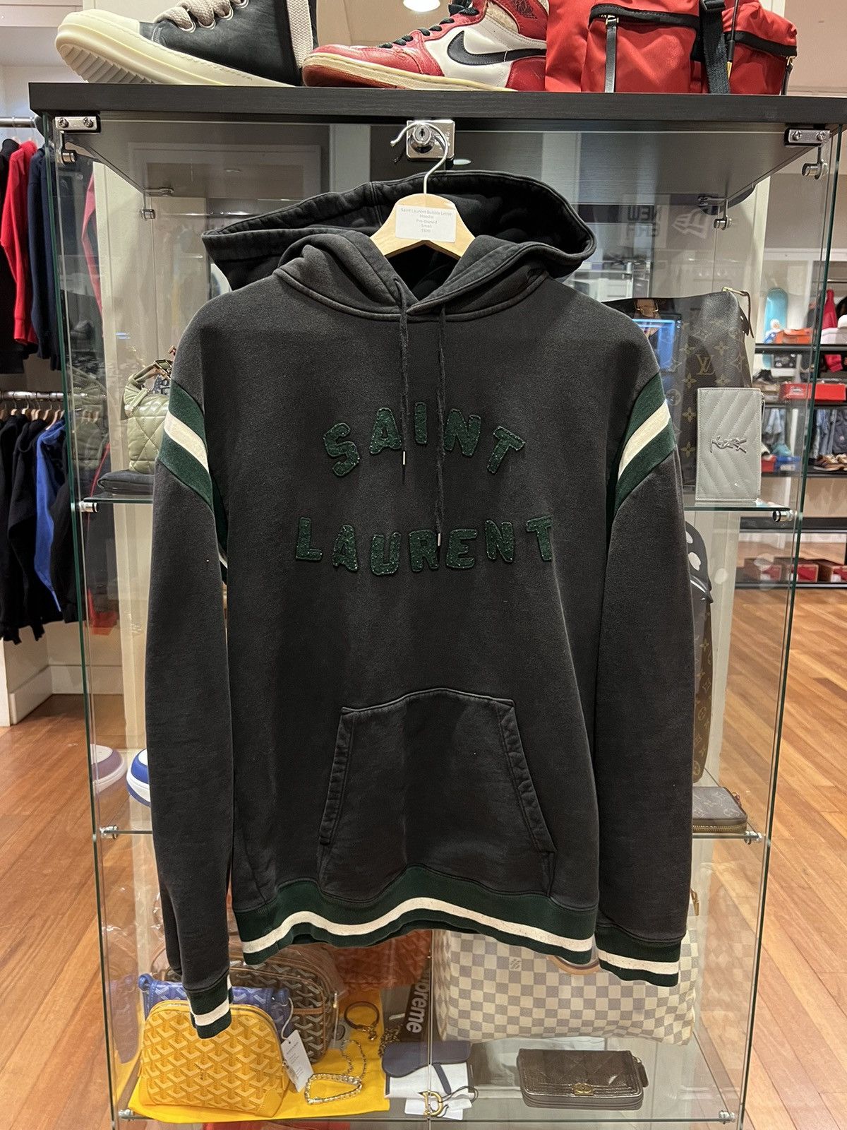 Pre-owned Saint Laurent Patch Spell Out Varsity Hoodie In Black