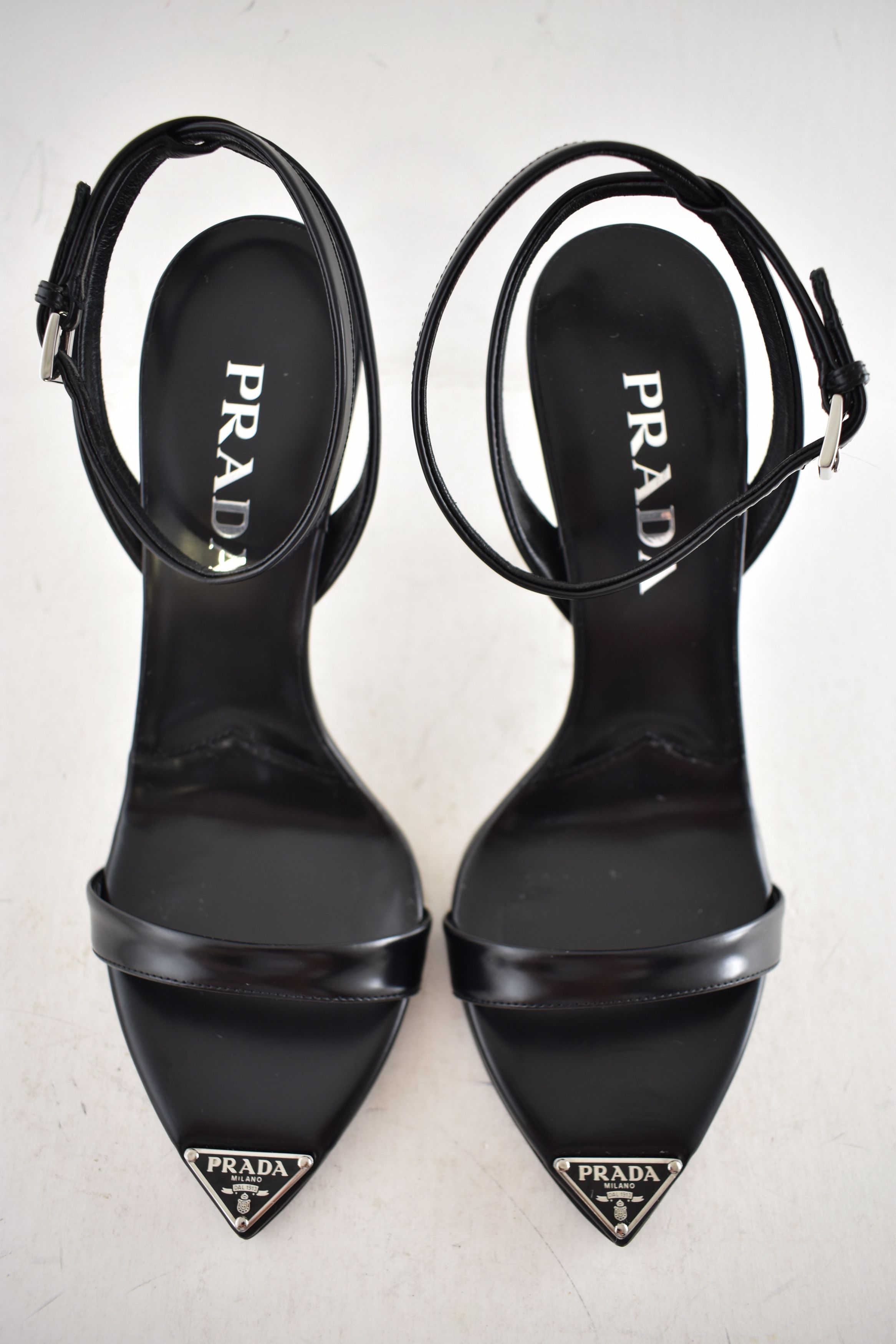 Prada Leather Pointed Toe Logo Ankle Strap Heel Sandal Pump 38 Size US 8 / IT 38 - 11 Thumbnail