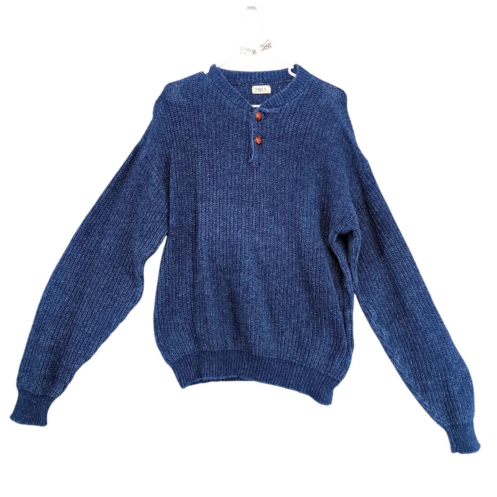 Vintage Tobruk Men's L Navy Blue Sweater Leather Buttons Cable Knit Size US L / EU 52-54 / 3 - 1 Thumbnail