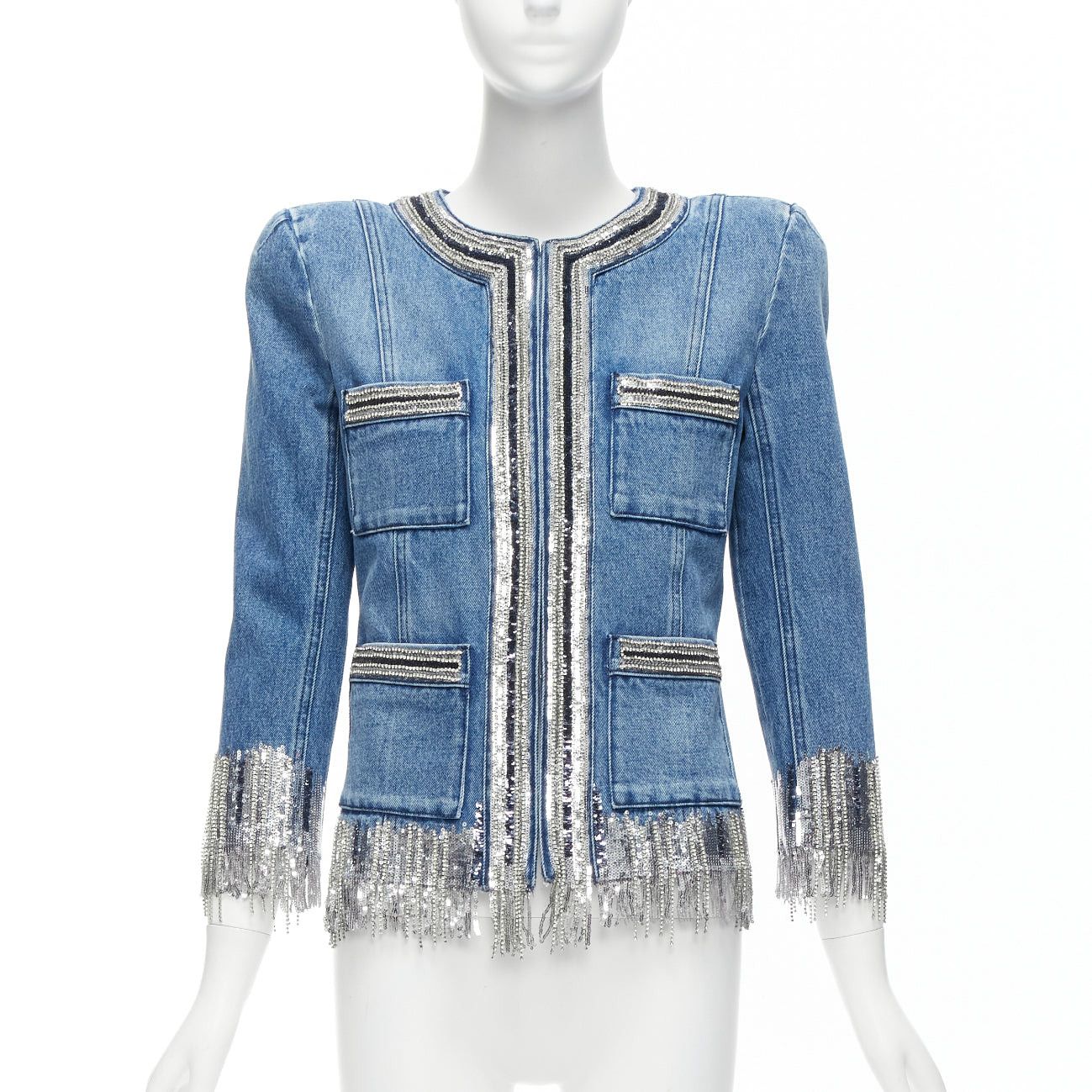 image of Balmain Blue Washed Cotton Denim Silver Crystal Embellished Trim Jacket Fr36 S, Women's (Size Small