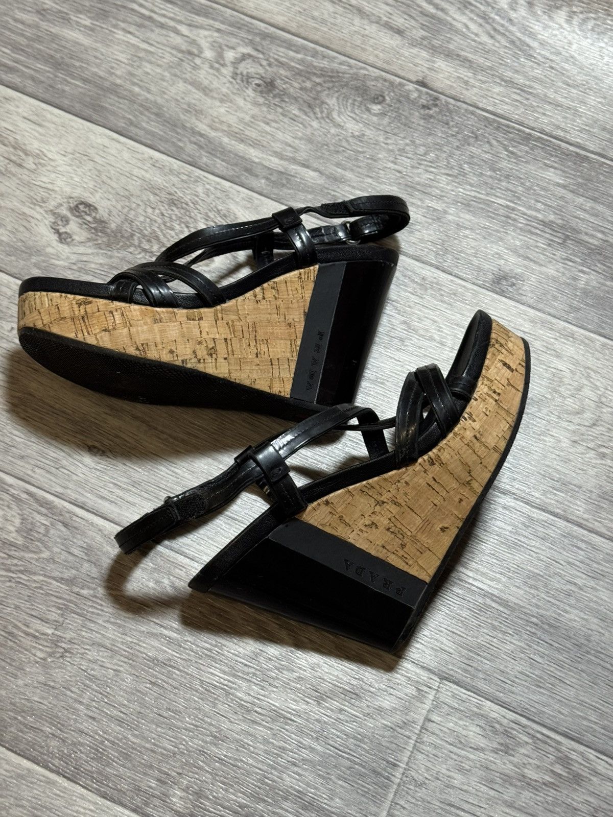 Prada Prada Sport Black Patent Leather/Cork Platform Wedge Sandals Size US 5 / IT 35 - 5 Thumbnail