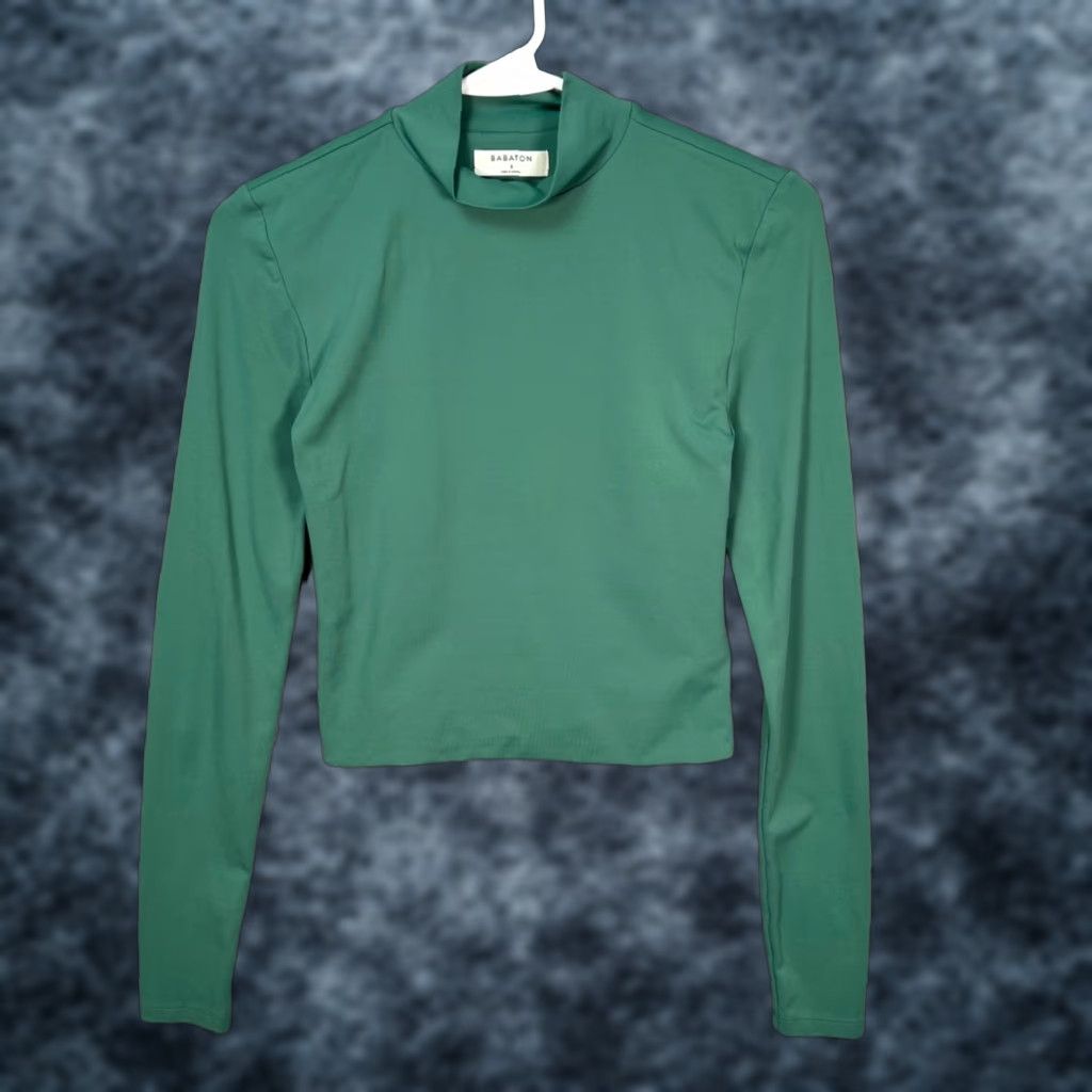 Vintage Babaton Womens Small Green Long Sleeve Mock Neck Cropped T-Shirt Nylon Blend Top Size S / US 4 / IT 40 - 1 Thumbnail