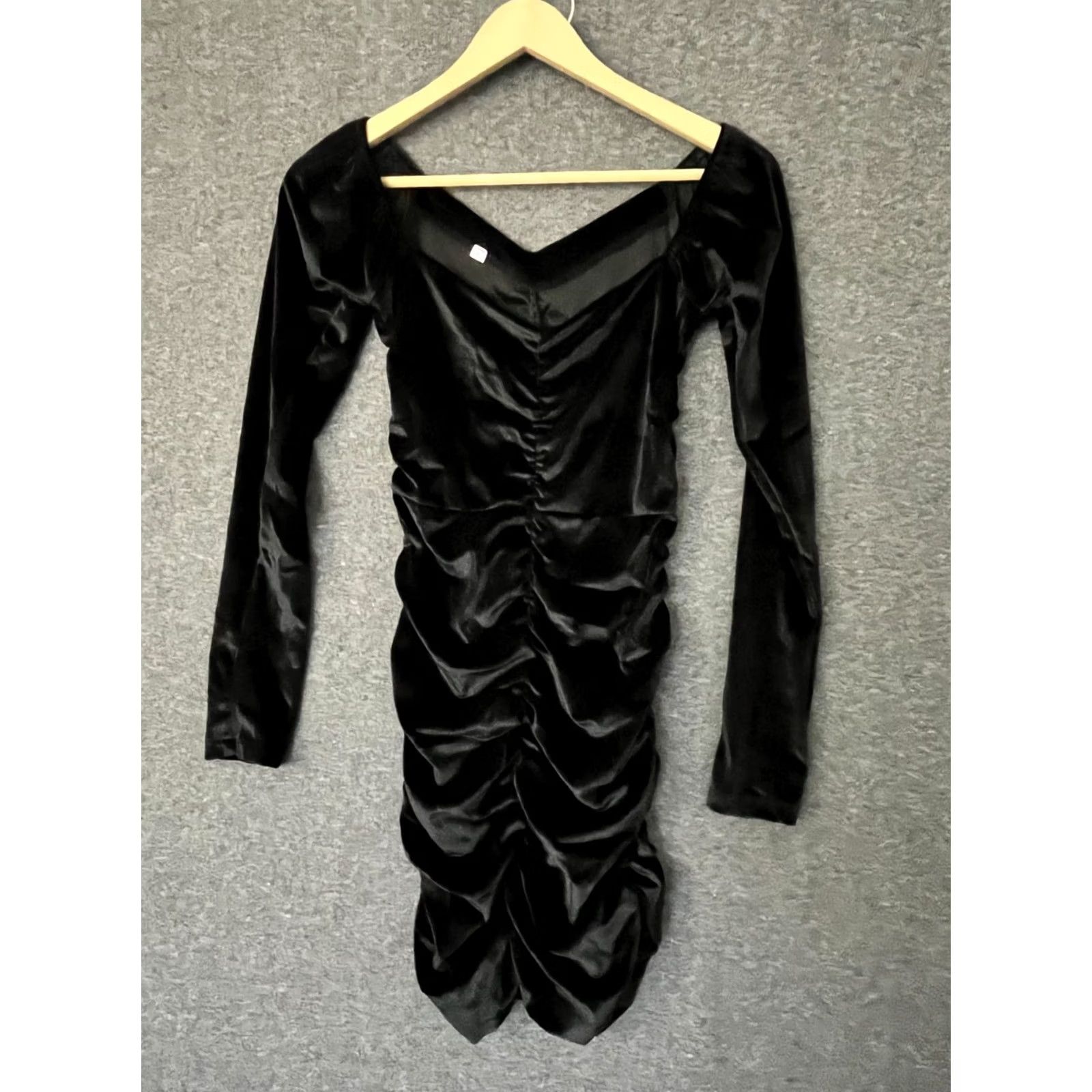 Velvet Nike Black Velvet Midi Bodycon Dress - V-Neck Long Sleeve Women’s S Velvet, Ruffle Detail, Solid, Party/Cocktail, 100% Polyester Size S / US 4 / IT 40 - 2 Thumbnail