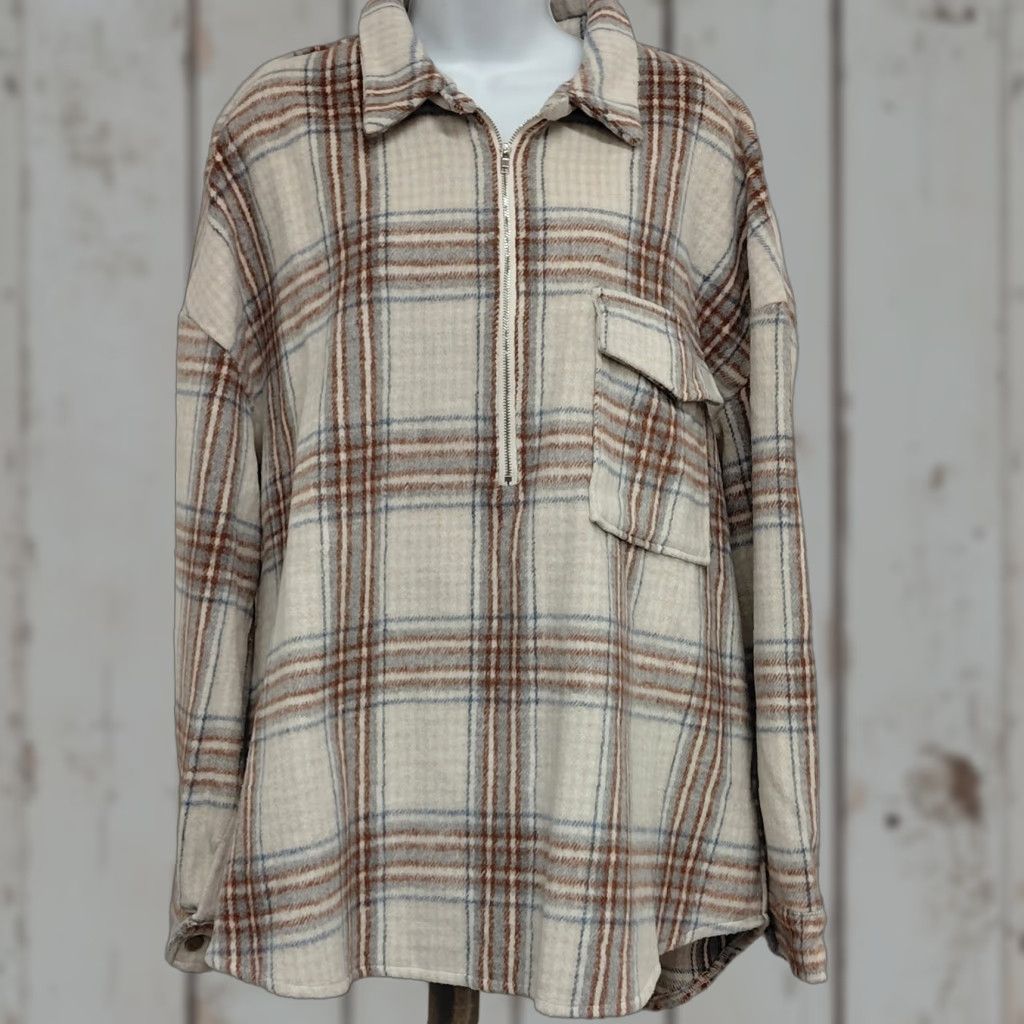 Vintage Women's Pullover Jacket Size 2XL Tan/Blue Pocket Plaid Half Zip Sweatshirt Shirt Size XXL / US 16-18 / IT 52-54 - 1 Thumbnail
