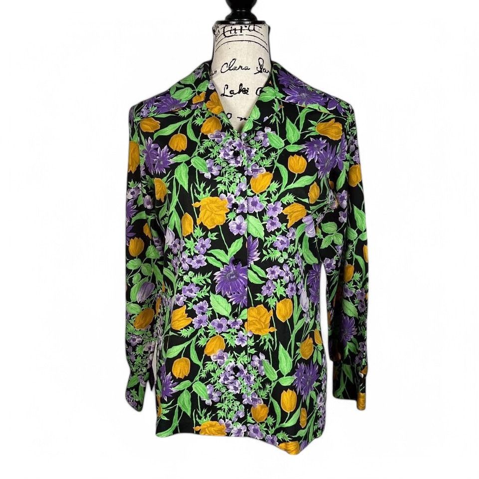 Vintage 1970s Floral Print Blouse Le Soft Shirt Lady Manhattan Glows Size XL / US 12-14 / IT 48-50 - 1 Thumbnail