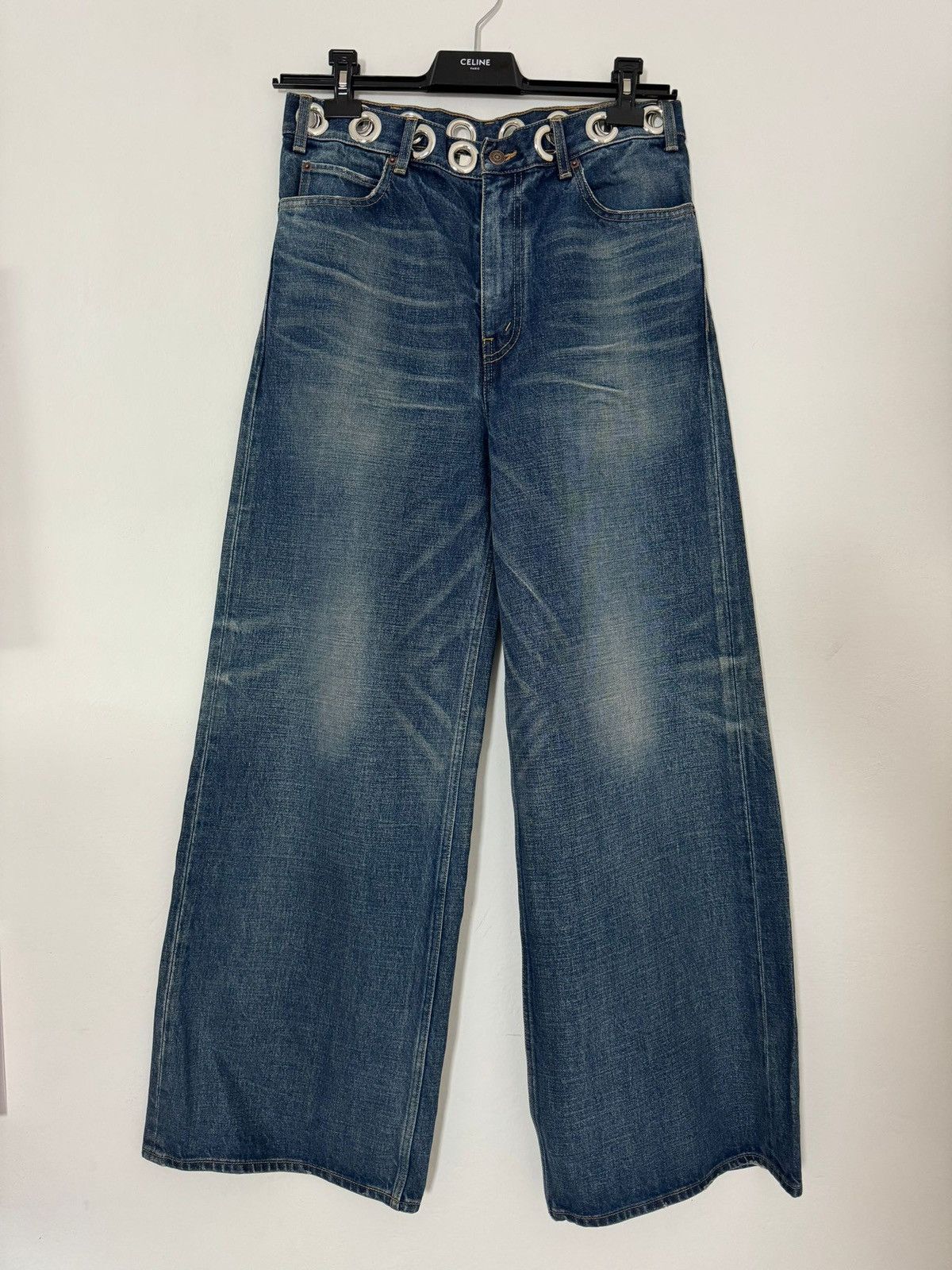 image of Celine x Hedi Slimane Ss22 Embellished Denim Blue Elephant Flared Jeans Wide Leg, Men's (Size 32)