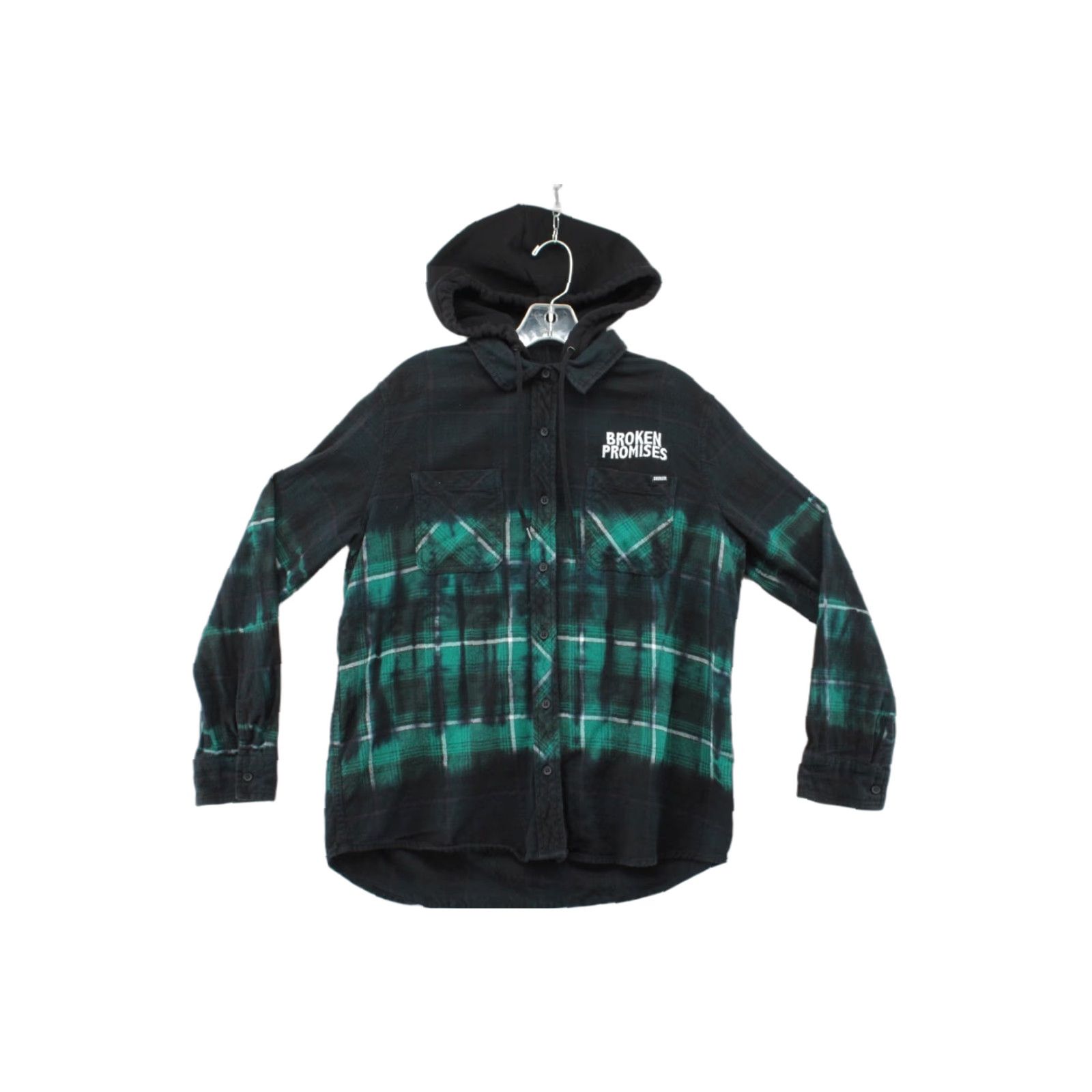 Broken Promises Co. VINTAGE Broken Promises Grim Reaper Hoodie Flannel Shirt Mens M Black Green Plaid Goth Hoodie Button-Up Casual City Gothic Grunge 90s Mens Size US M / EU 48-50 / 2 - 1 Thumbnail