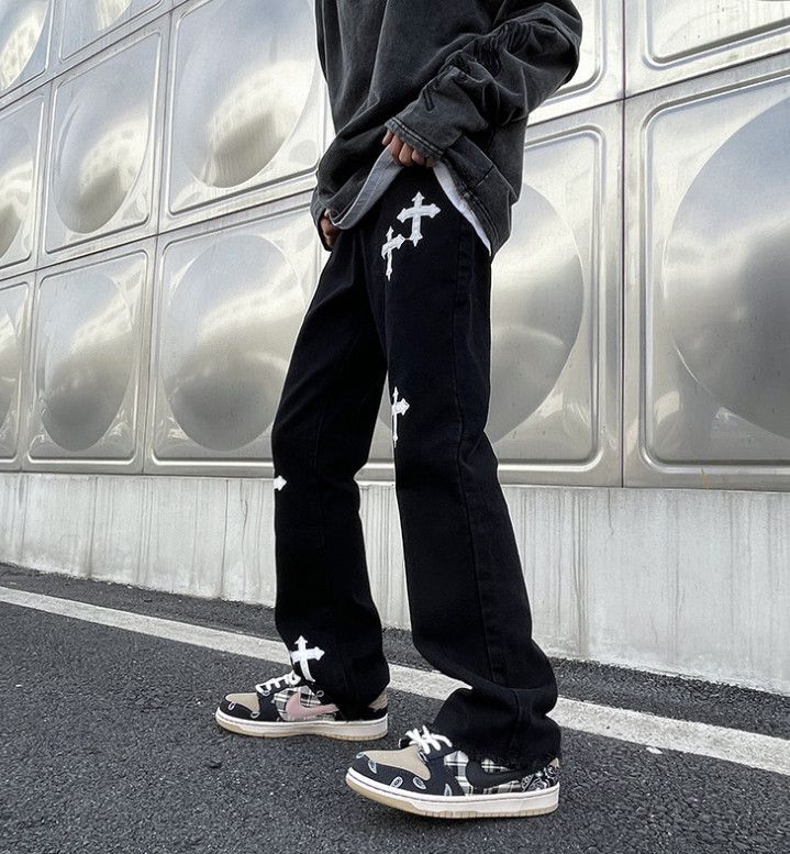 Japanese Brand Men's high street loose straight cross embroidered jeans Size US 32 / EU 48 - 2 Thumbnail