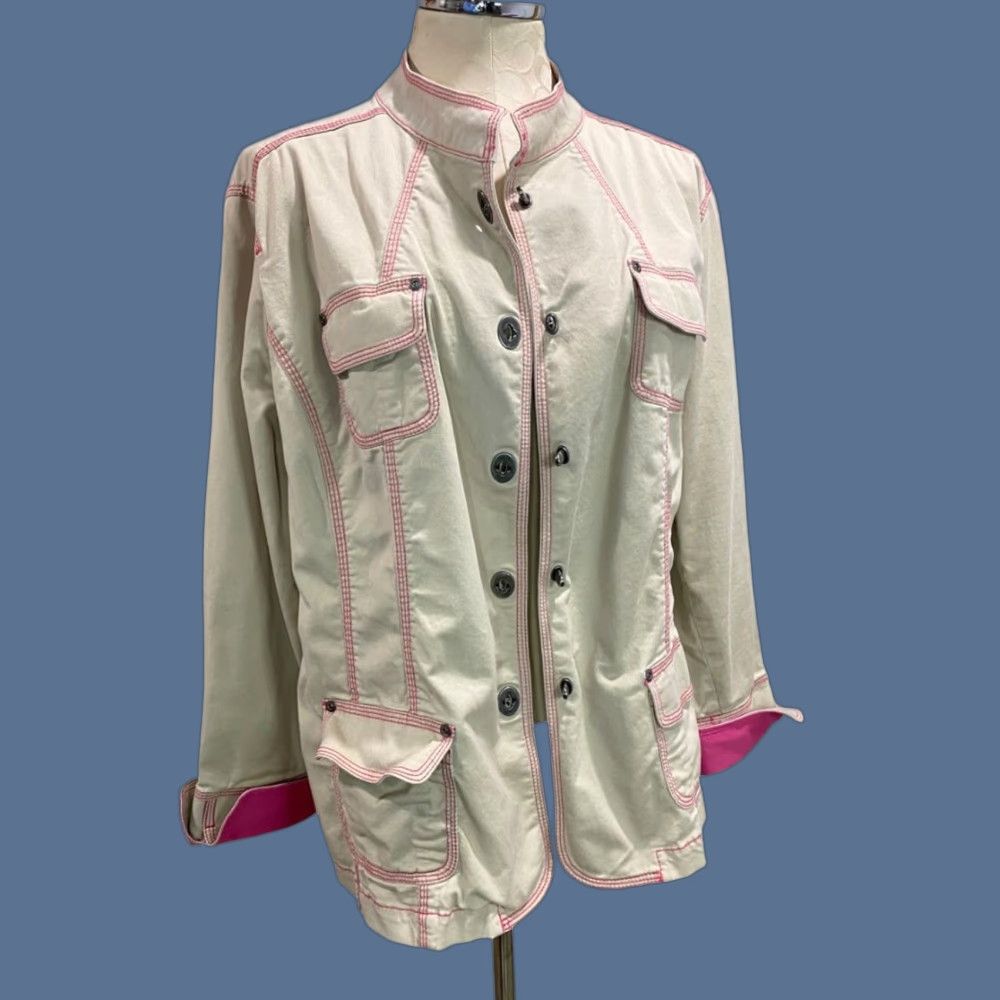 Vintage VINTAGE Additions by Chicos Jacket Womens XL (16/18) Tan Contrast Stitch Cuff Pink Cotton Blend 97% cotton 3% spandex Size XL / US 12-14 / IT 48-50 - 1 Thumbnail