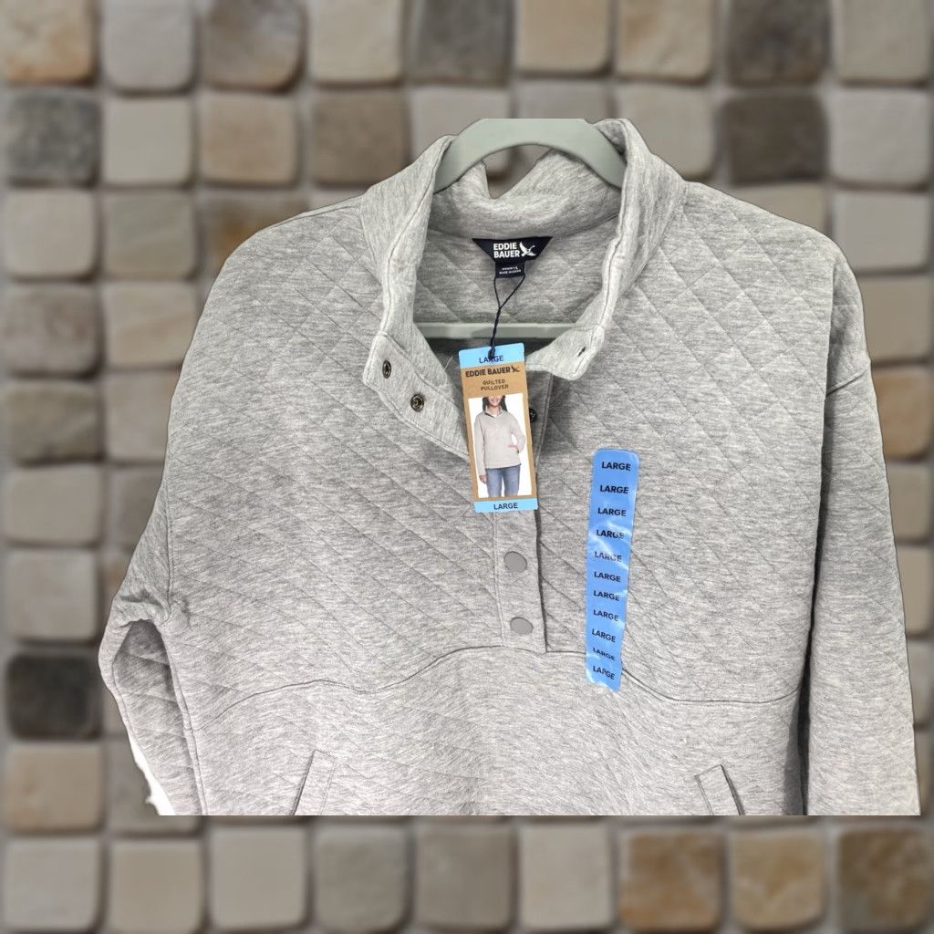 Eddie Bauer Eddie Bauer Quilted Sweater Women Large Gray Long Sleeve Pullover Cotton Blend Mock Neck Size L / US 10 / IT 46 - 1 Thumbnail