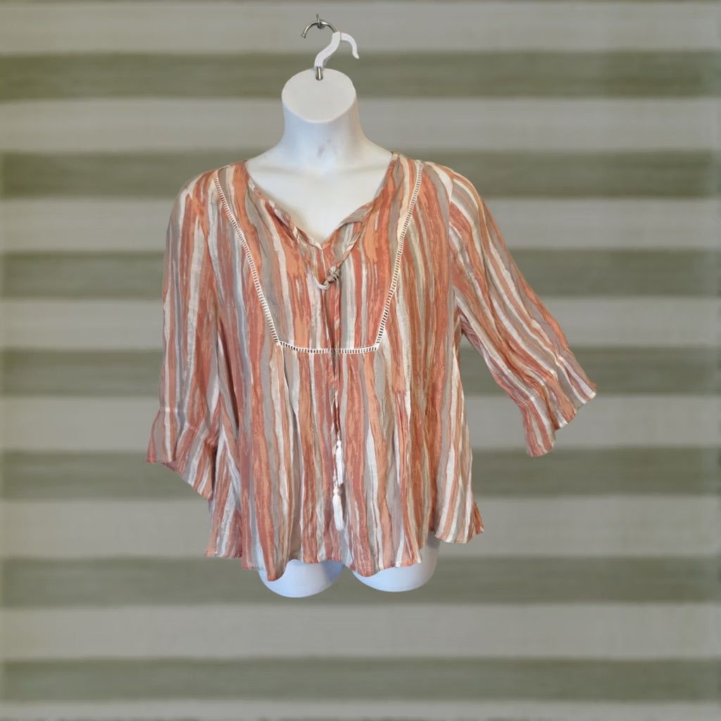 Bell Robert Louis Womens 1X Orange Tan Stripe Bell Sleeve Boho Hippie Top Shirt Womens 1X Orange Tan Stripe Bell Sleeve Boho Hippie Top Size XL / US 12-14 / IT 48-50 - 1 Thumbnail