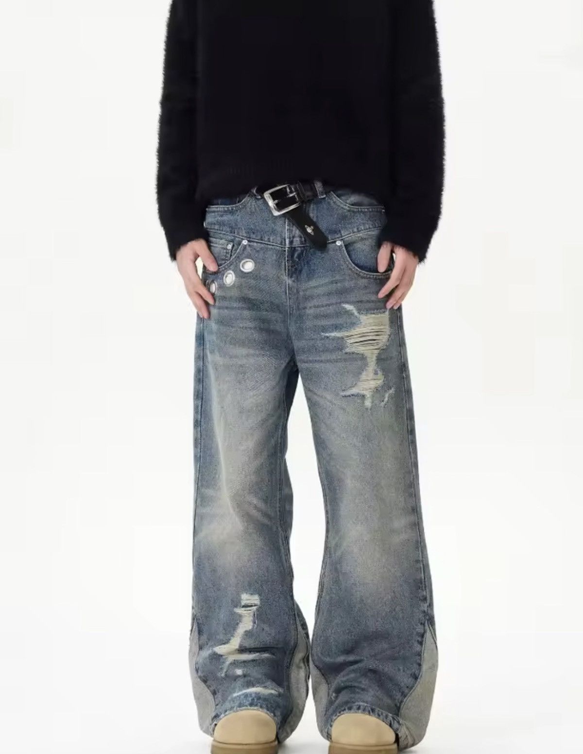 Jean Button Accent Distressed Splicing Flared Jeans Size US 33 - 4 Thumbnail