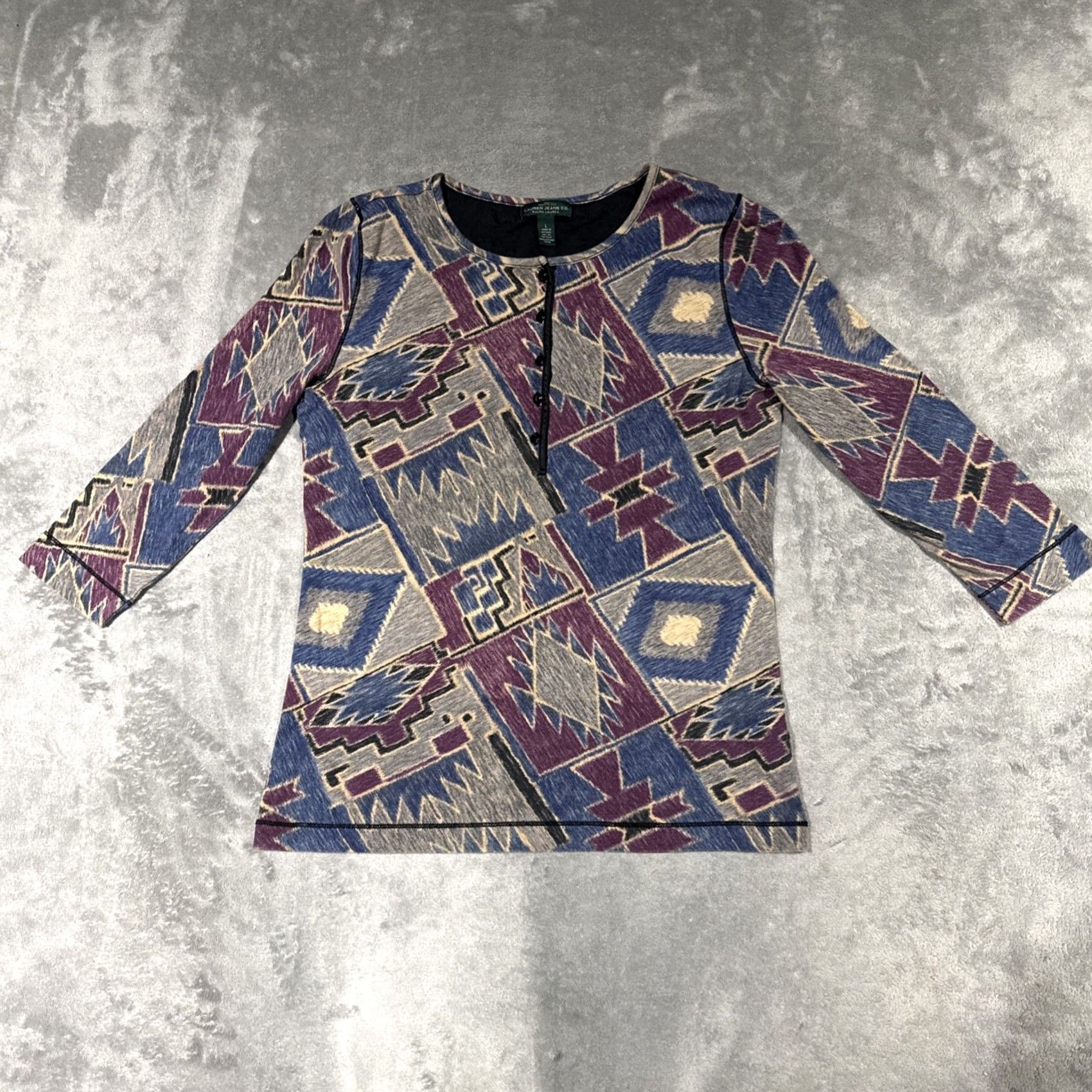 Ralph Lauren Lauren Ralph Lauren Henley Top Womens L Brown Red Blue Cotton Aztec Geometric Long Sleeve Pullover Jersey T-Shirt Casual Sl Size L / US 10 / IT 46 - 2 Thumbnail