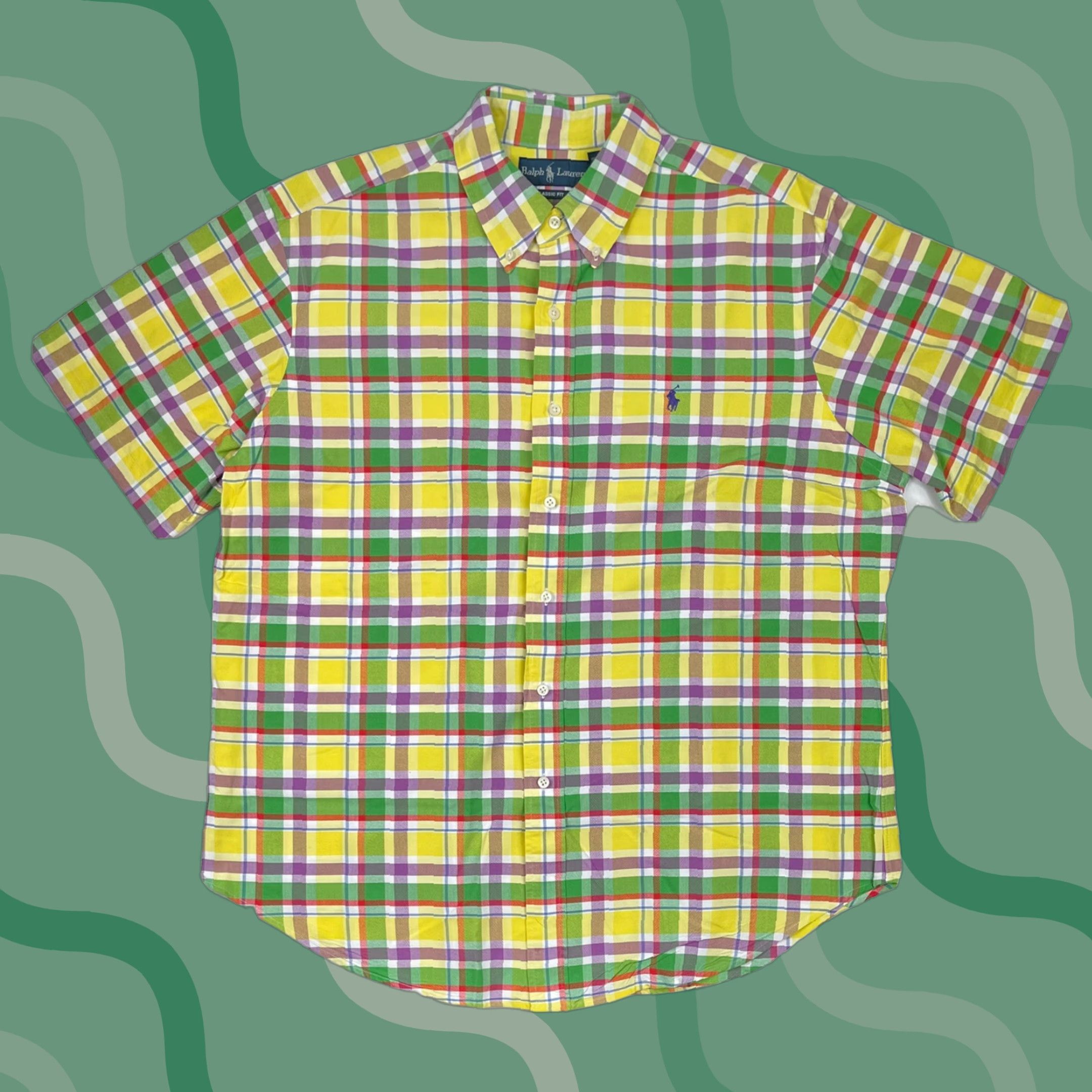 VINTAGE Polo Ralph Lauren Shirt Men Short Sleeve Plaid Button-Up Multicolor XL Madras Collar Down Light Cotton RL Blake Logo 90s Theme Mens
