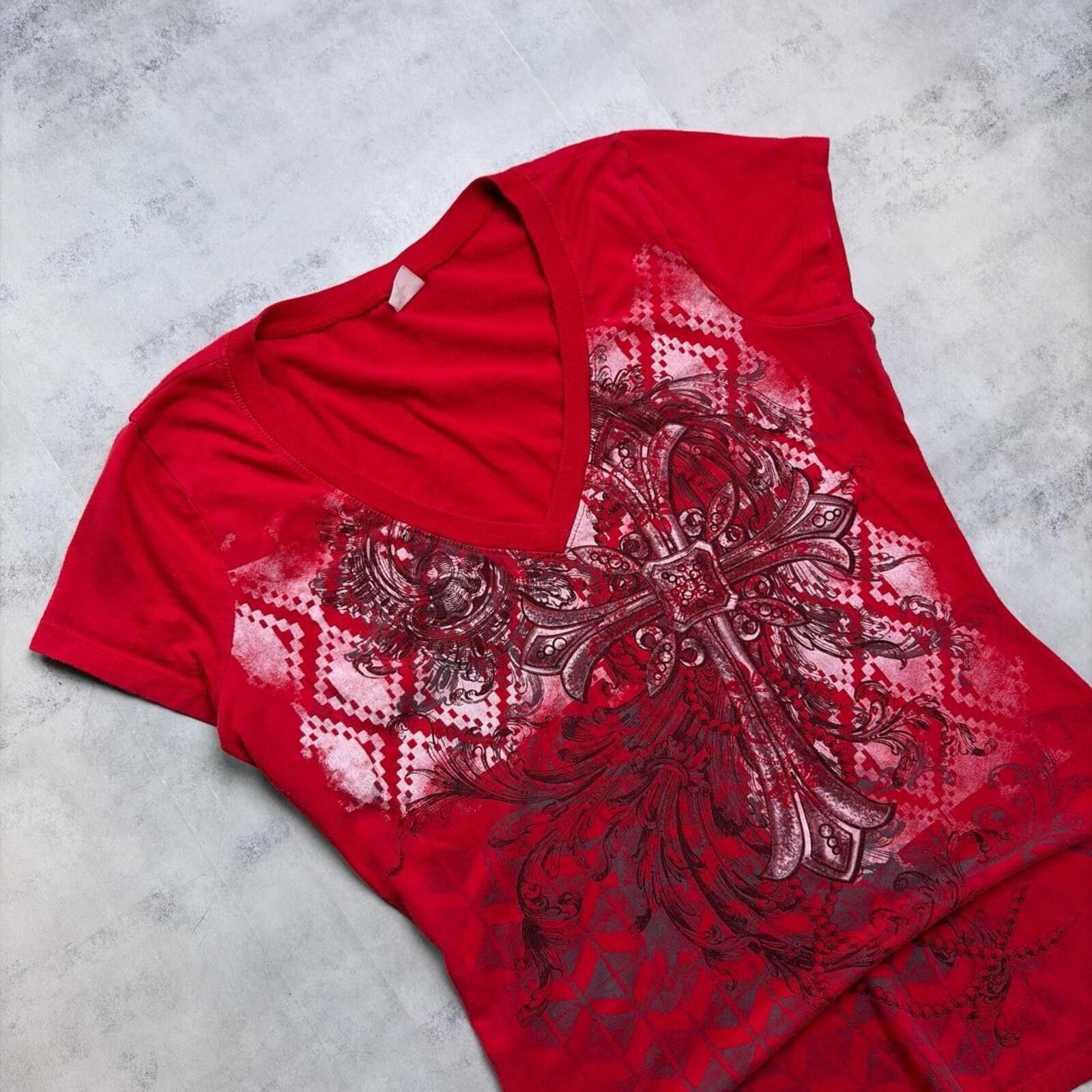 Other Y2K Red Cross Grunge Gothic V-Neck Skater T-Shirt Size L / US 10 / IT 46 - 3 Thumbnail