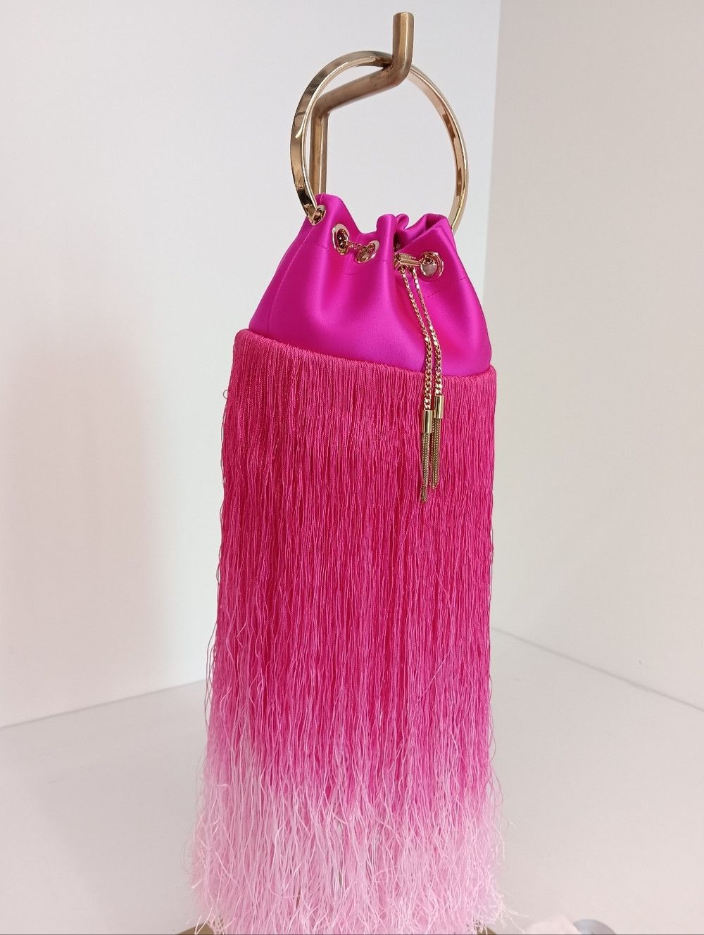 Jimmy Choo Jimmy Choo Bon Bon Small Fringed Satin Bucket Bag - Fuchsia Size ONE SIZE - 5 Thumbnail