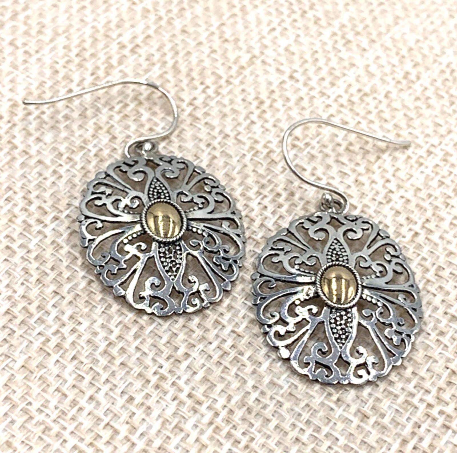 Other Sterling Silver 18k Accent Filigree Oval Dangle Earrings Size ONE SIZE - 3 Thumbnail