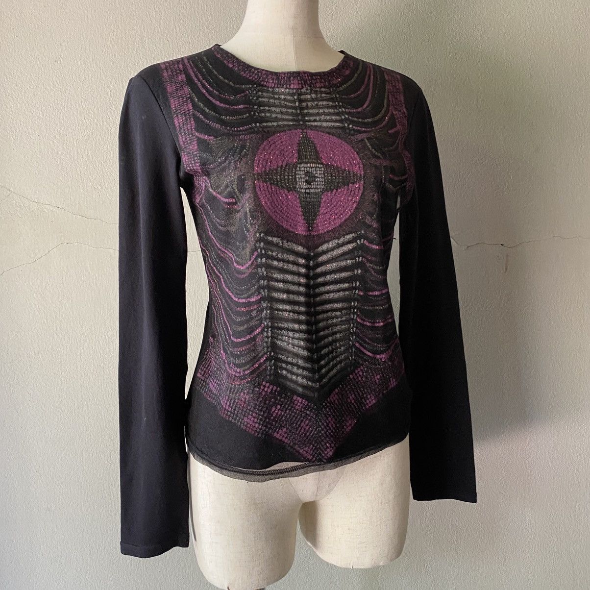 Morgan Homme MORGAN Y2K Black Sheer Top with Purple Graphic Print Size S / US 4 / IT 40 - 2 Thumbnail