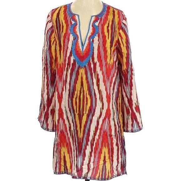 Bcbgmaxazria BCBGMaxAzria Silk Tunic Top Sz S Multicolor Ikat Retro 70's Size S / US 4 / IT 40 - 1 Thumbnail