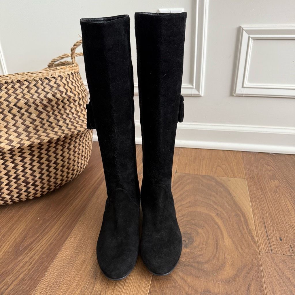 Stuart Weitzman Stuart Weitzman Boot Tass Hidden Wedge Black Suede Gold Zipp Size US 6.5 / IT 36.5 - 3 Thumbnail