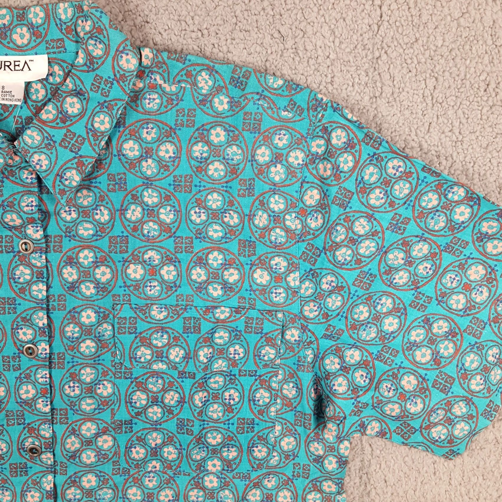 Vintage Vintage Aurea Women's Button-Up Shirt 8 Blue Geometric 90s Retro Casual Preppy Cotton Ramie Size M / US 6-8 / IT 42-44 - 3 Thumbnail