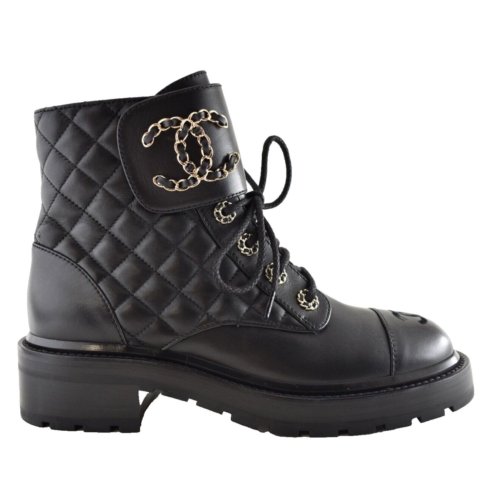 21A Quilted Chain Combat Lace Up Tie Ankle Short Boots 39