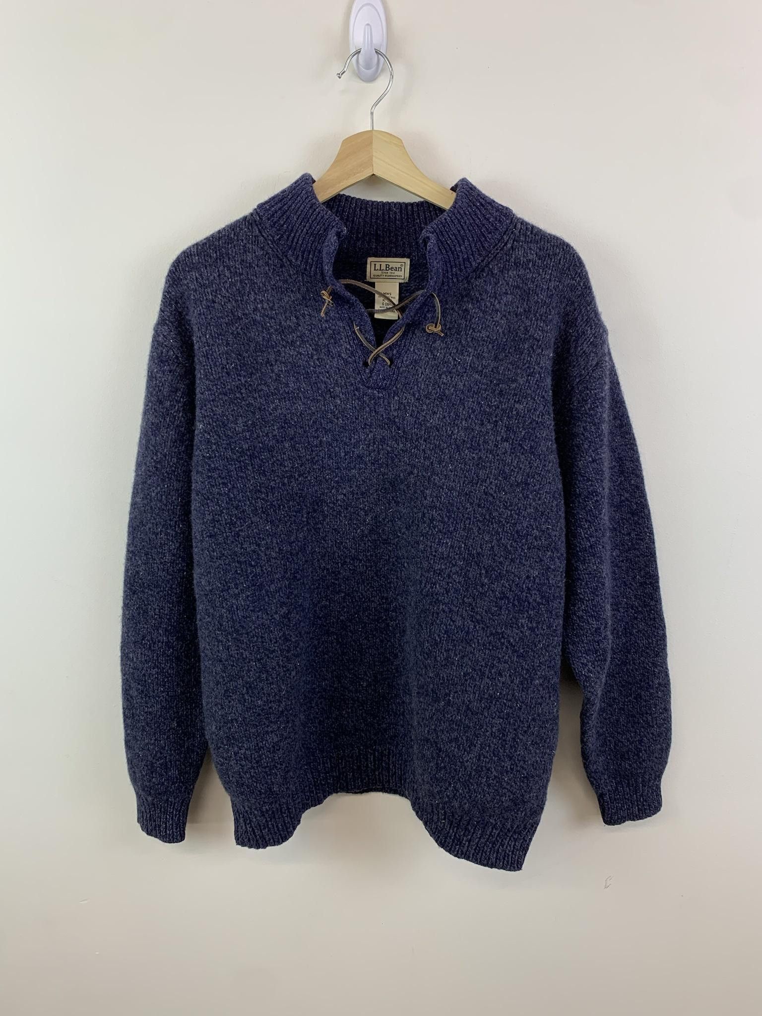 image of Vintage Ll Bean Blue Leather Fasten Knit Sweater, Men's (Size XL)