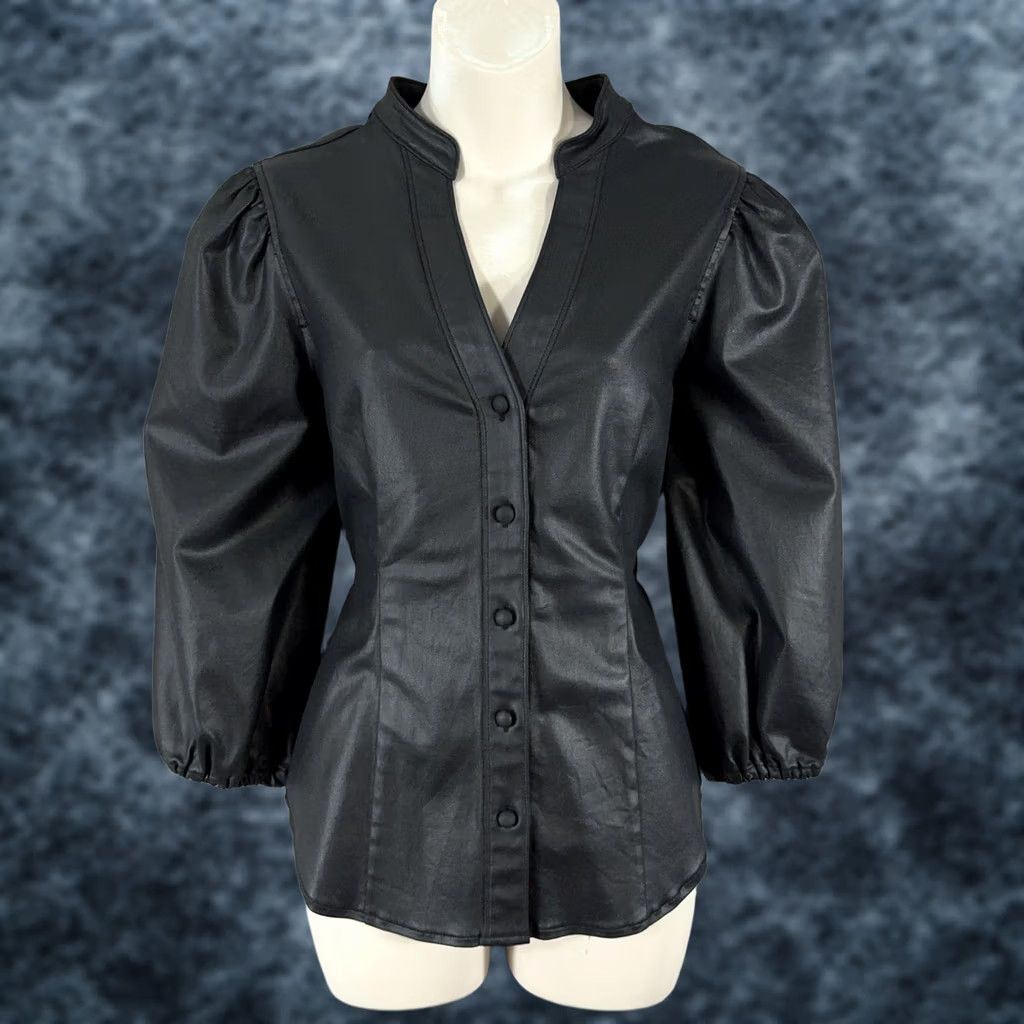 White House Black Market VINTAGE? No. White House Black Market Blouse Womens 10 Black Puff Sleeve V-Neck Button Front Knit Faux Leather Look Shirt Size L / US 10 / IT 46 - 1 Thumbnail