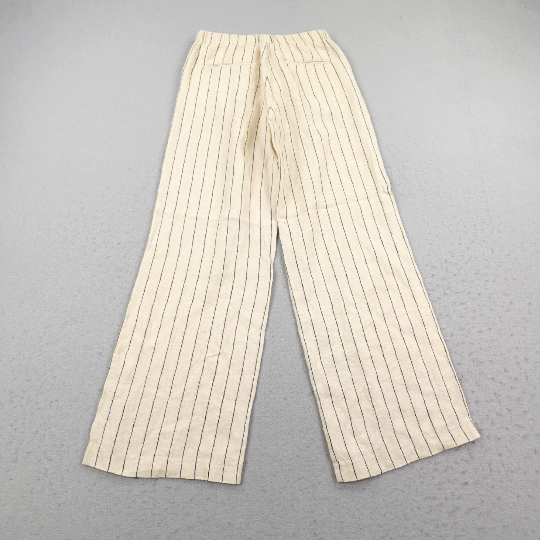 Vintage Pomandère Pants Womens 6 Beige Linen Pinstripe High Rise Wide Leg Baggy Chino Pants, Relaxed, 30 Inseam, Elastic Waist, Pockets, Striped, 0? Size 28" / US 6 / IT 42 - 5 Thumbnail