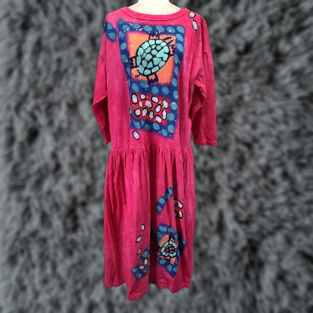 Pinko Vtg Kidra Art wear Dress XL Painted Turtle Made USA Pockets Cotton Midi Pink Size XL / US 12-14 / IT 48-50 - 1 Thumbnail