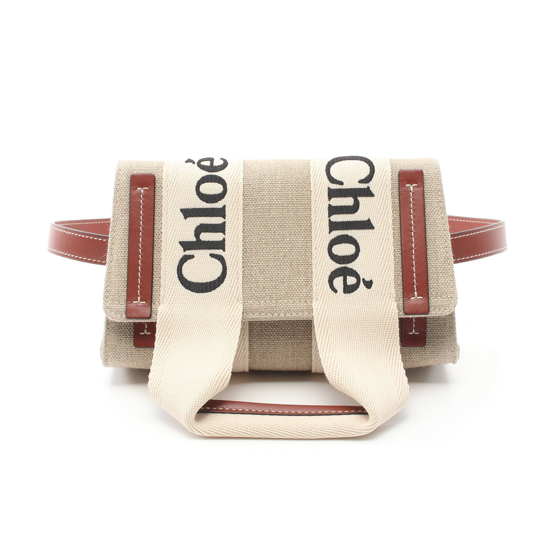 Chloe Chloe Woody Shoulder Bag Body Linen Leather Beige Brown Off White Size ONE SIZE - 1 Thumbnail