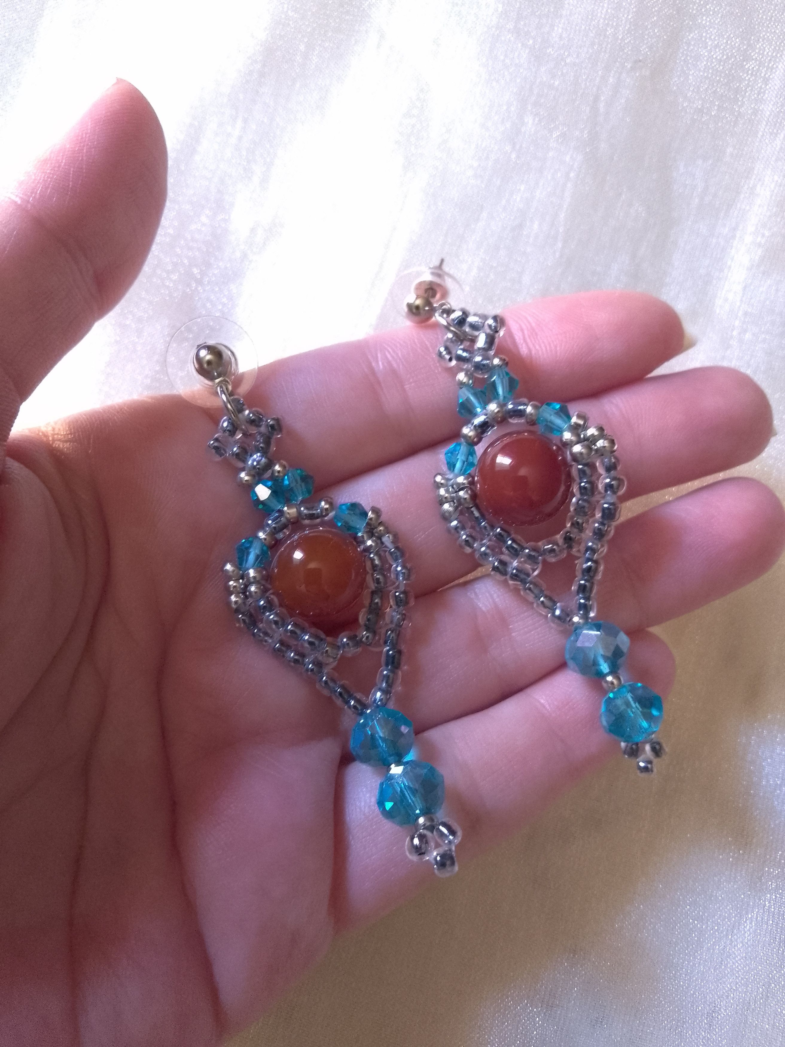 Handmade Dangle earrings with red carnelian gemstones blue crystal Size ONE SIZE - 3 Thumbnail