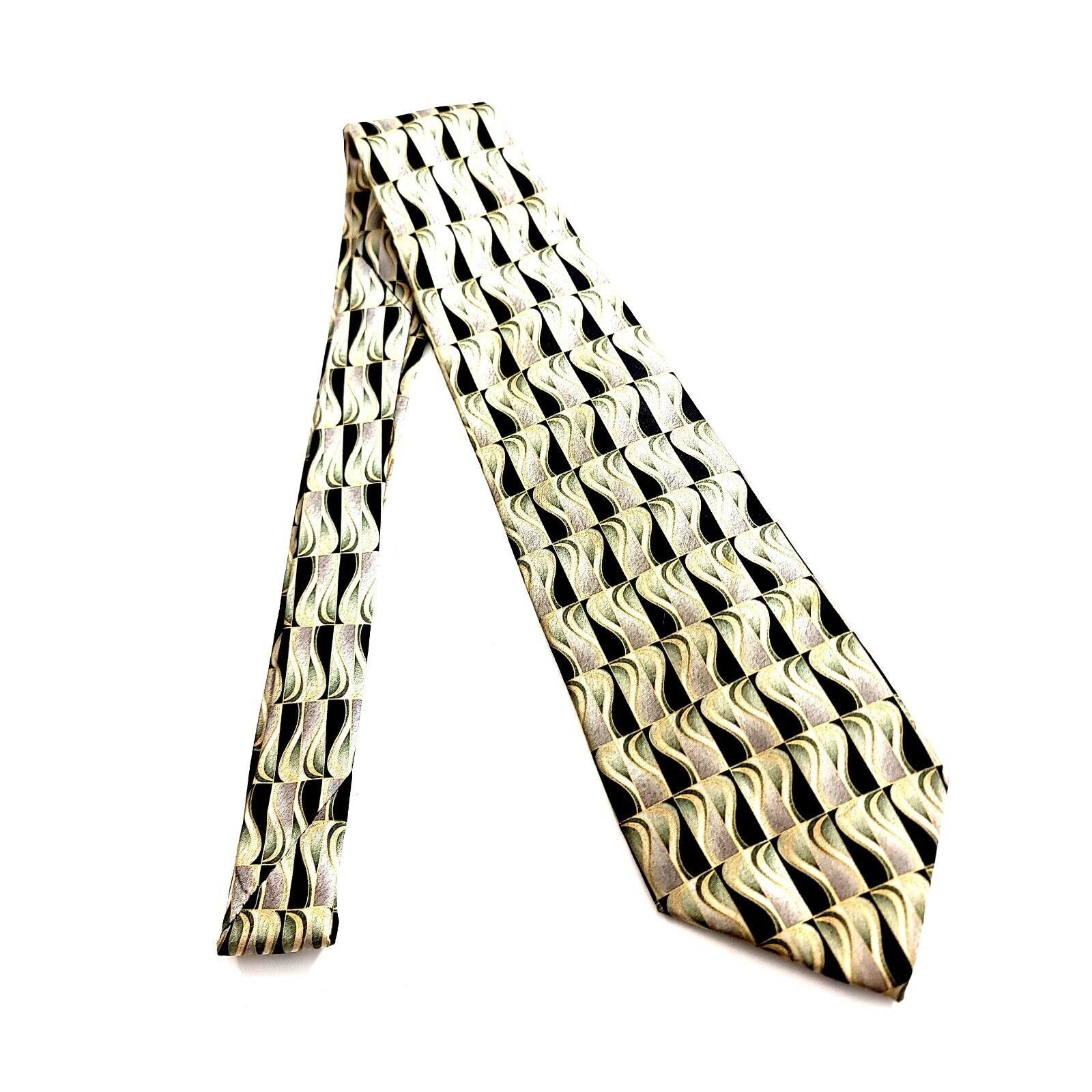 Designer Unbranded Black Tan Green Abstract Print Geometric Wide Silk Size ONE SIZE - 5 Thumbnail