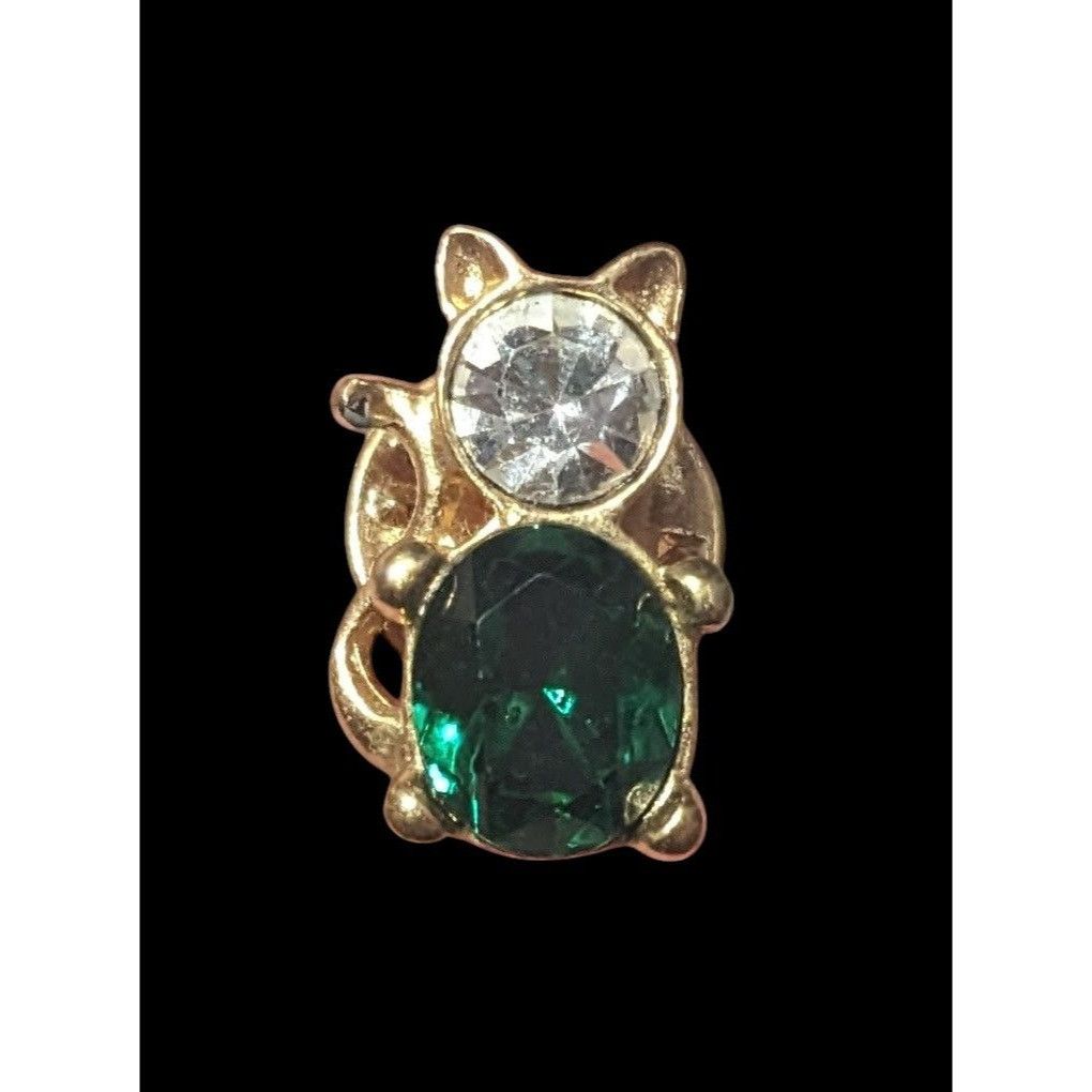 Other Vintage Green And Gold Tone Gemmed Cat Lapel Pin Size ONE SIZE - 1 Thumbnail