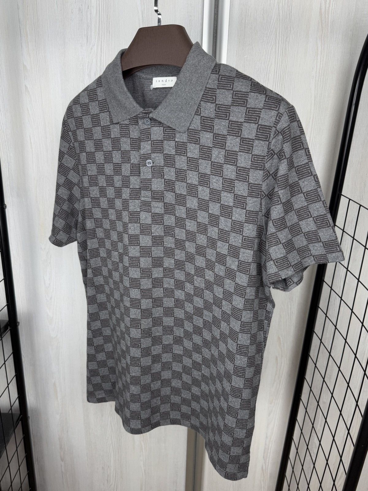 Sandro Sandro Grey Check Print Cotton Pique Polo T-Shirt L-XL Size US XL / EU 56 / 4 - 7 Thumbnail
