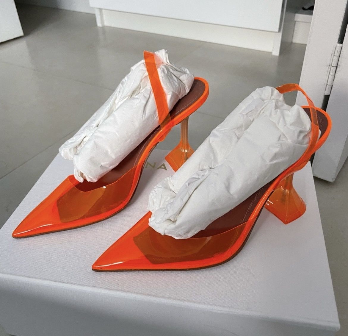 image of Amina Muaddi Holli Glass Pvc Orange Heel Shoes, Women's (Size 5)