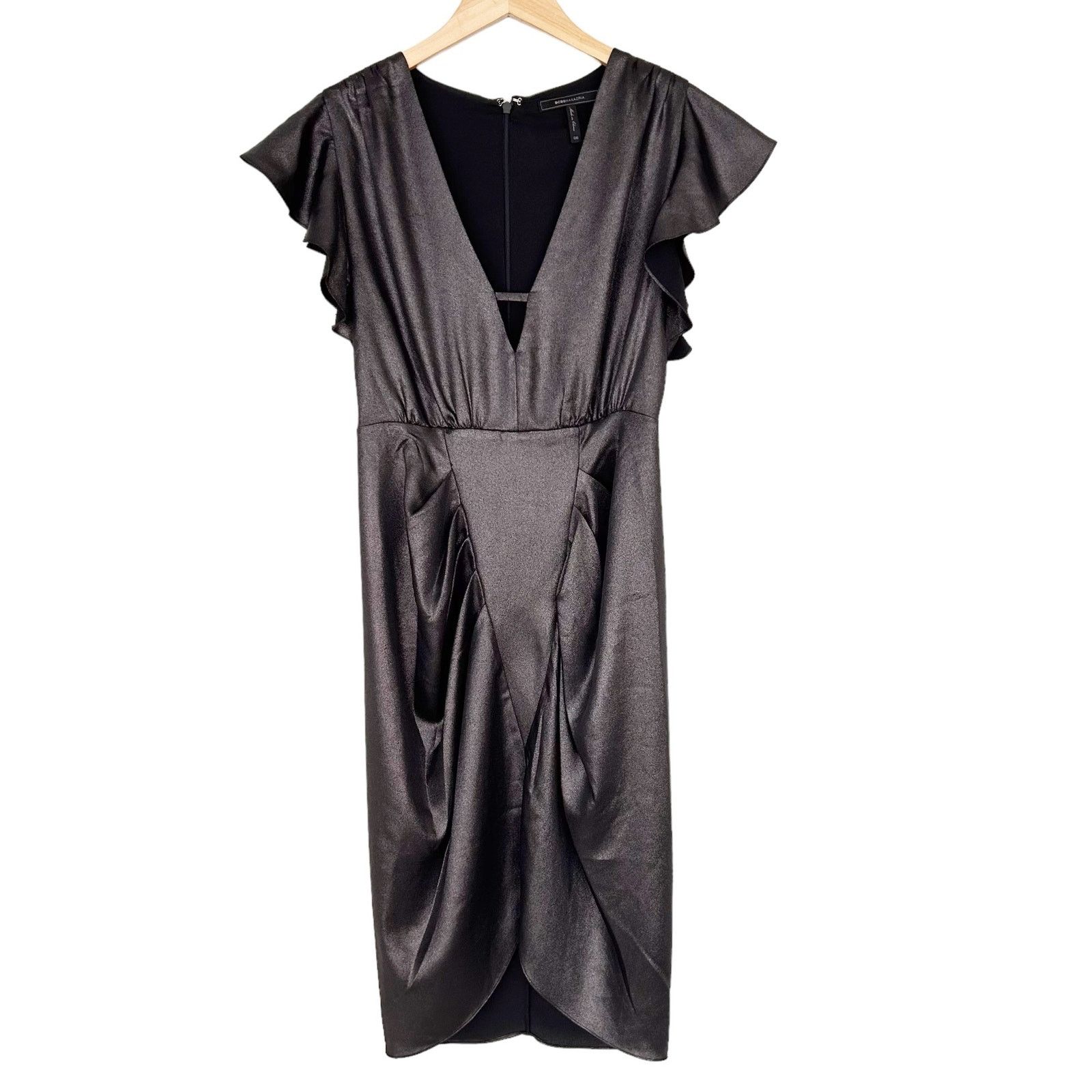 BCBGMaxazria Black Metallic Ruffle Sheath Dress Sz 6