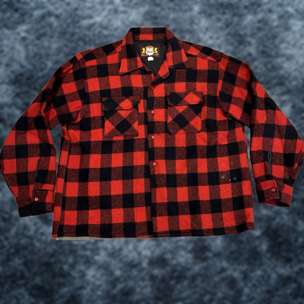 IDEA VINTAGE Ideal Button-Up Camp Wool Shirt Men L Check Red 50s 60s USA Buttons Size US L / EU 52-54 / 3 - 1 Thumbnail