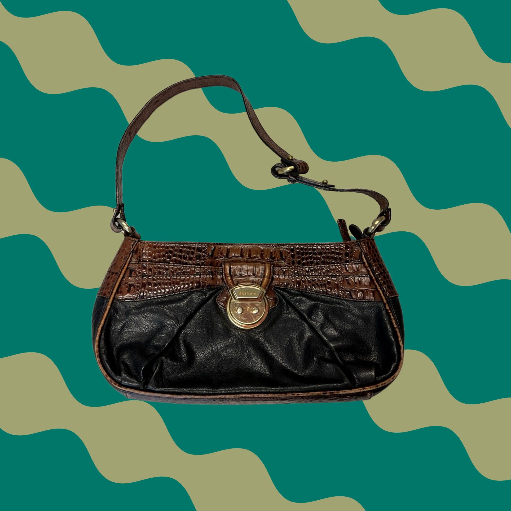 Vintage Brahmin Shoulder Bag Medium Brown Croc Embossed Leather Purse 90’s Womens, Women's