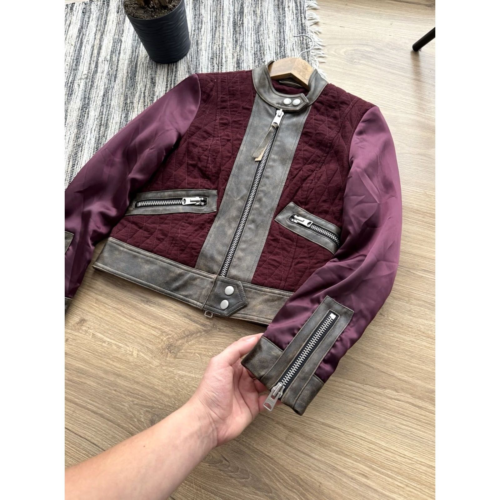 Allsaints VINTAGE AllSaints Womens Cross Biker Quilted Satin Moto Burgundy Jacket XS Size XS / US 0-2 / IT 36-38 - 3 Thumbnail