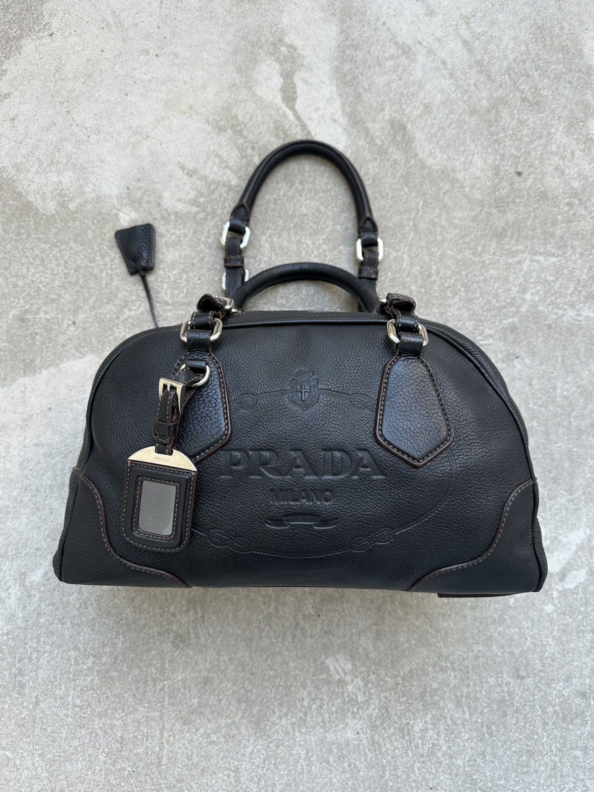 Prada Prada Vitello Daino Logo Bowler Black HandBag Unisex Luxury Size ONE SIZE - 1 Thumbnail
