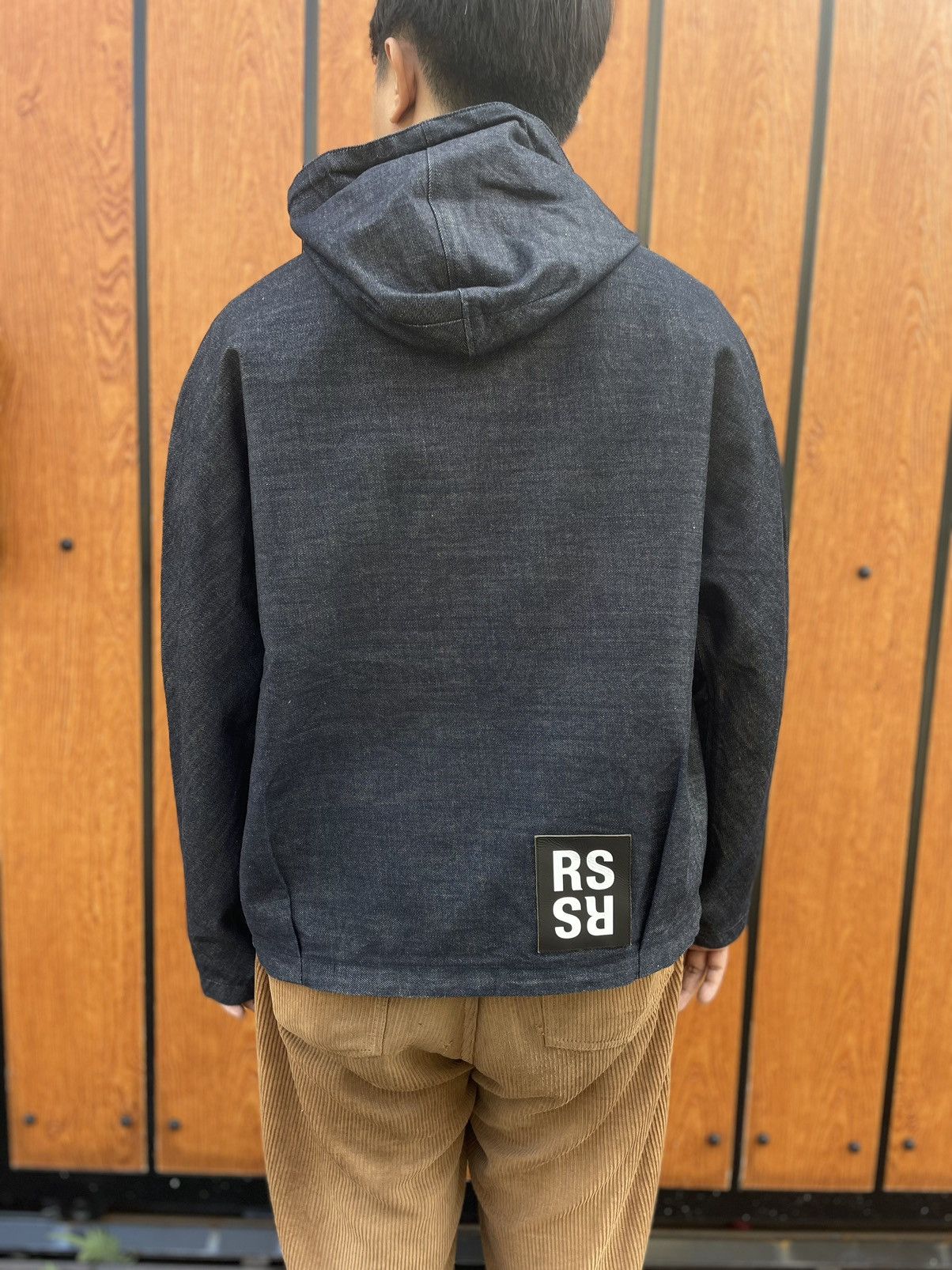 Raf Simons Leather Patch Denim Oversized Hooded Jacket