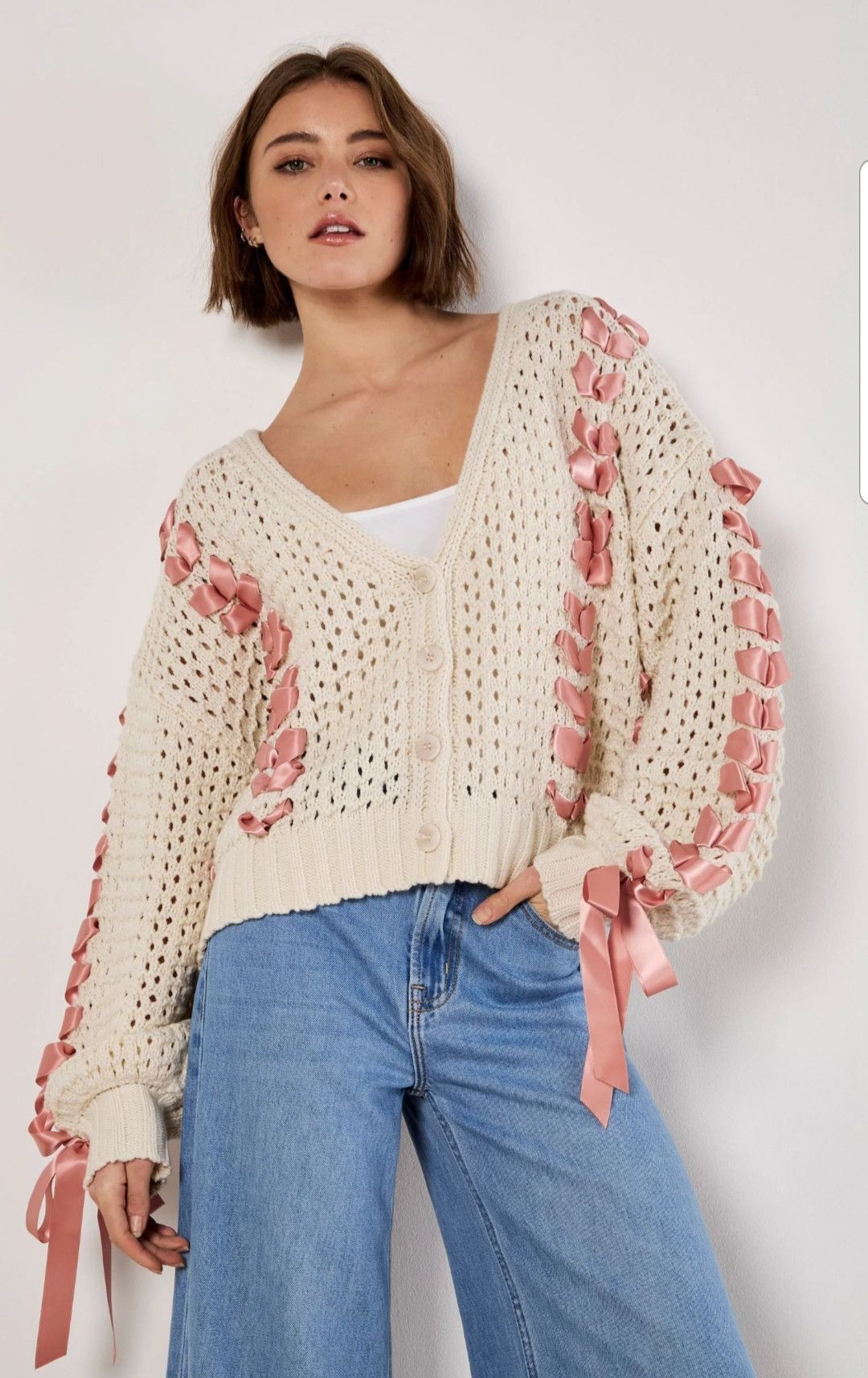 Handmade Handmade Knit Rose Ribbons Crop Cardigan Women's Plus 1X Size XL / US 12-14 / IT 48-50 - 2 Thumbnail