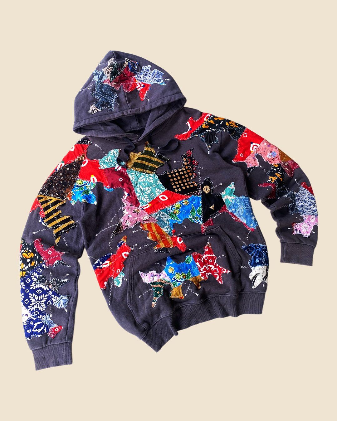 Other 1 OF 1 REWORKED BATIK PATCHWORKS DARK GREY HOODIE SIZE L Size US L / EU 52-54 / 3 - 2 Thumbnail
