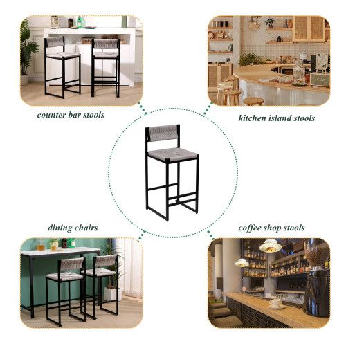 Designer × Homemade Gray Set of 2 Hand Weave Bar Stools with Back Counter Height Size US L / EU 52-54 / 3 - 7 Thumbnail