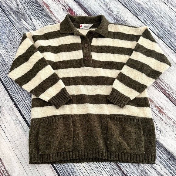 Vintage Vintage 100% Wool Olive Green Striped Collared Sweater with Size L / US 10 / IT 46 - 2 Thumbnail