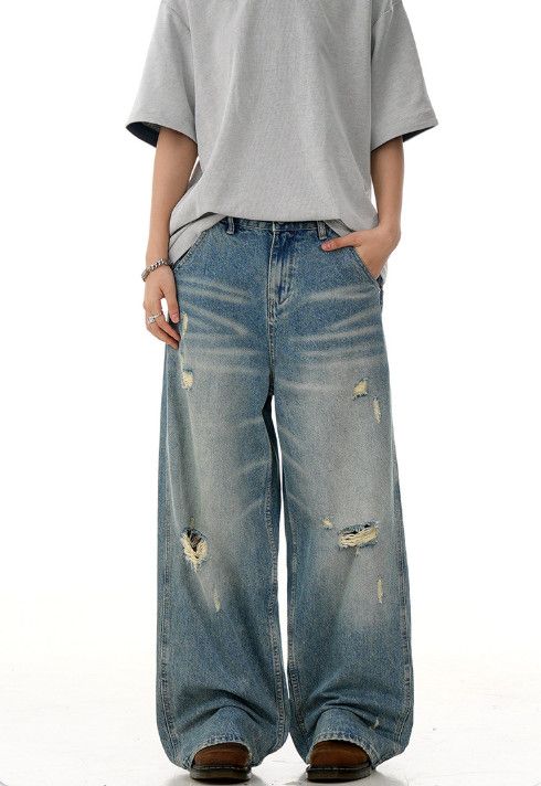 Vintage American retro washed men's casual straight ripped jeans Size US 32 / EU 48 - 1 Thumbnail