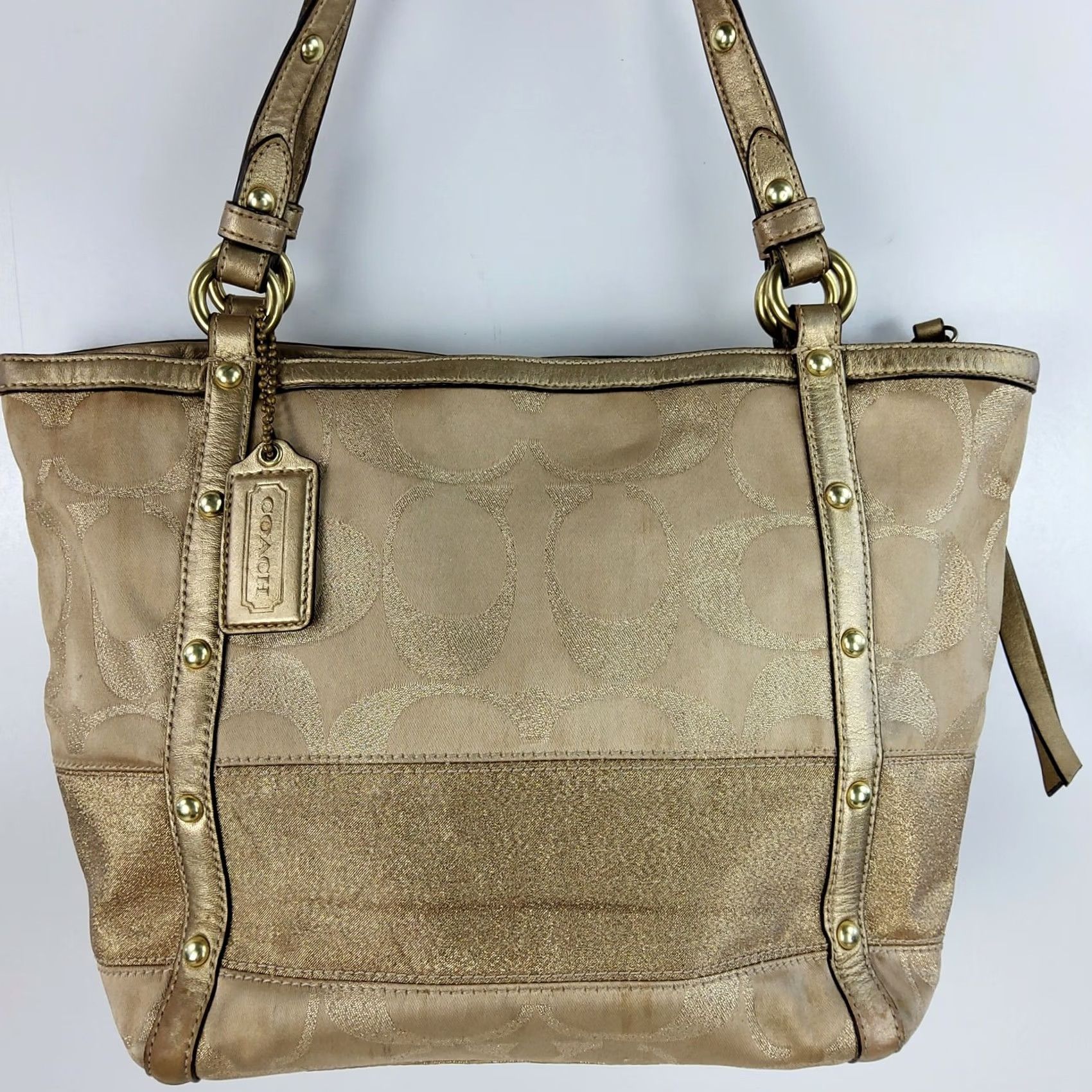 Coach Coach Signature Stripe Studded Lurex Tote Gold 12905 Shoulder Handbag Purse, Medium, Women, Tote, Gold, Striped, Bag Charm Size ONE SIZE - 2 Thumbnail